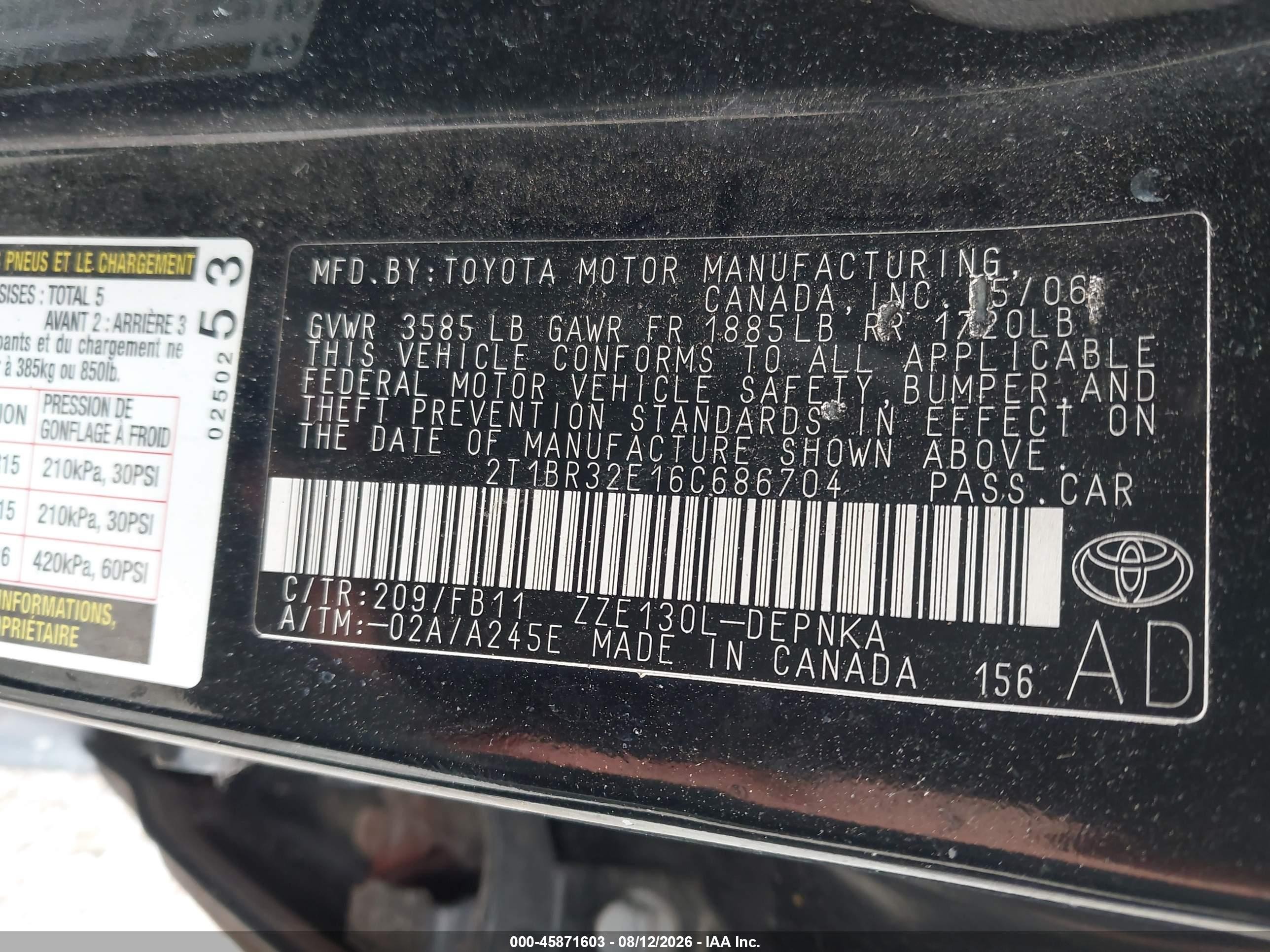 2006 Toyota Corolla Le Black vin: 2T1BR32E16C686704