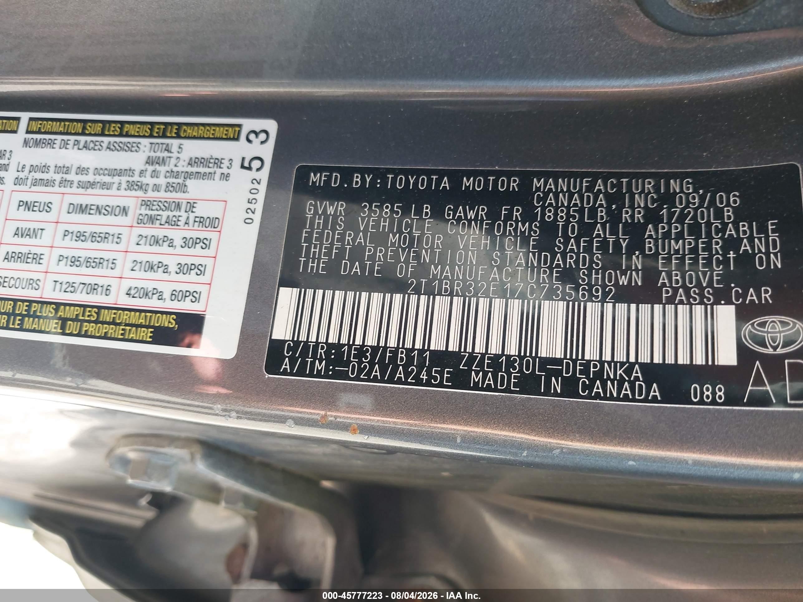 2007 Toyota Corolla Le Gray vin: 2T1BR32E17C735692