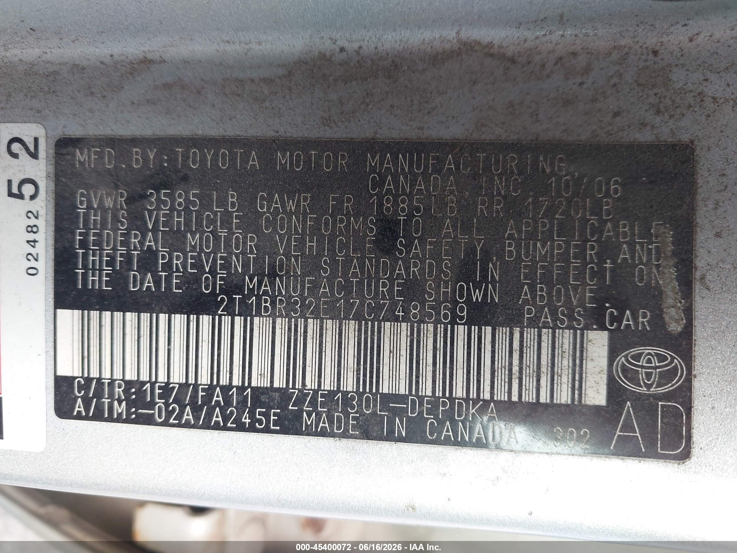 2007 Toyota Corolla Ce Silver vin: 2T1BR32E17C748569