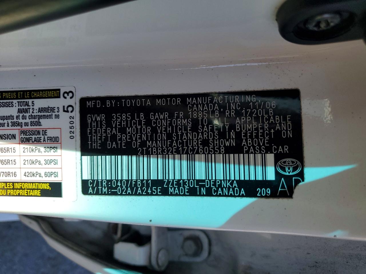 2007 Toyota Corolla Le Белый vin: 2T1BR32E17C760558