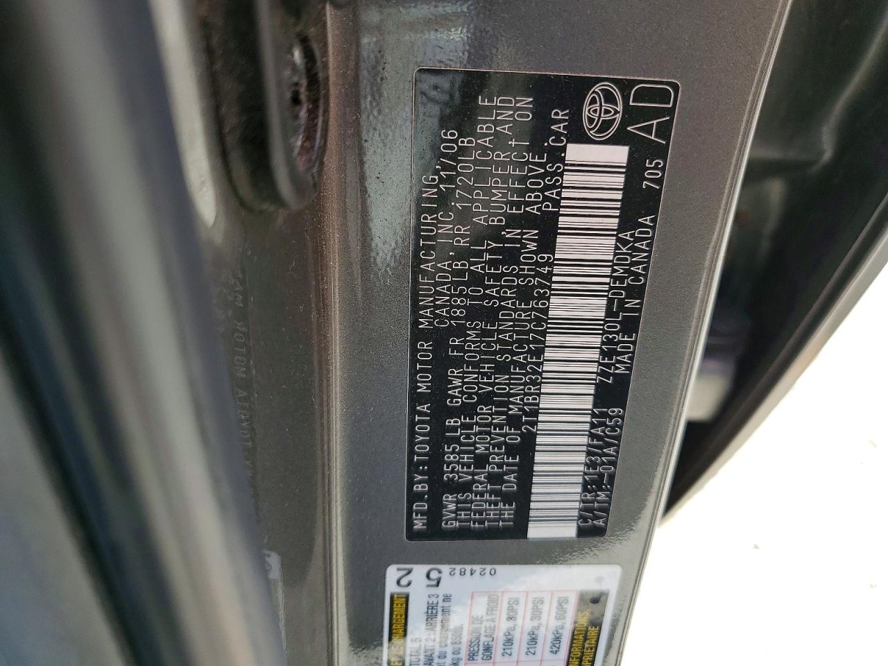 2007 Toyota Corolla Ce Gray vin: 2T1BR32E17C763749