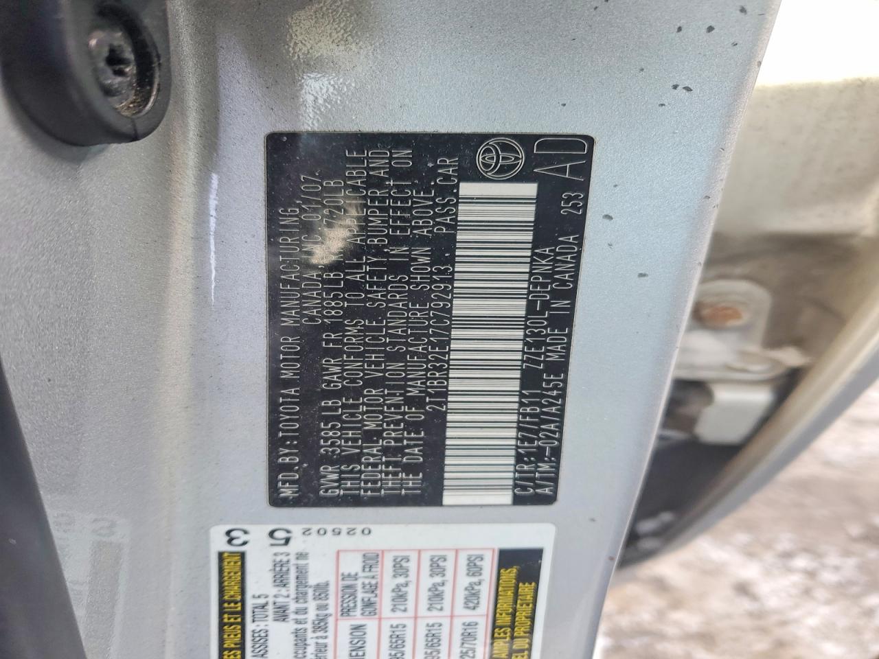 2007 Toyota Corolla Ce Silver vin: 2T1BR32E17C792913