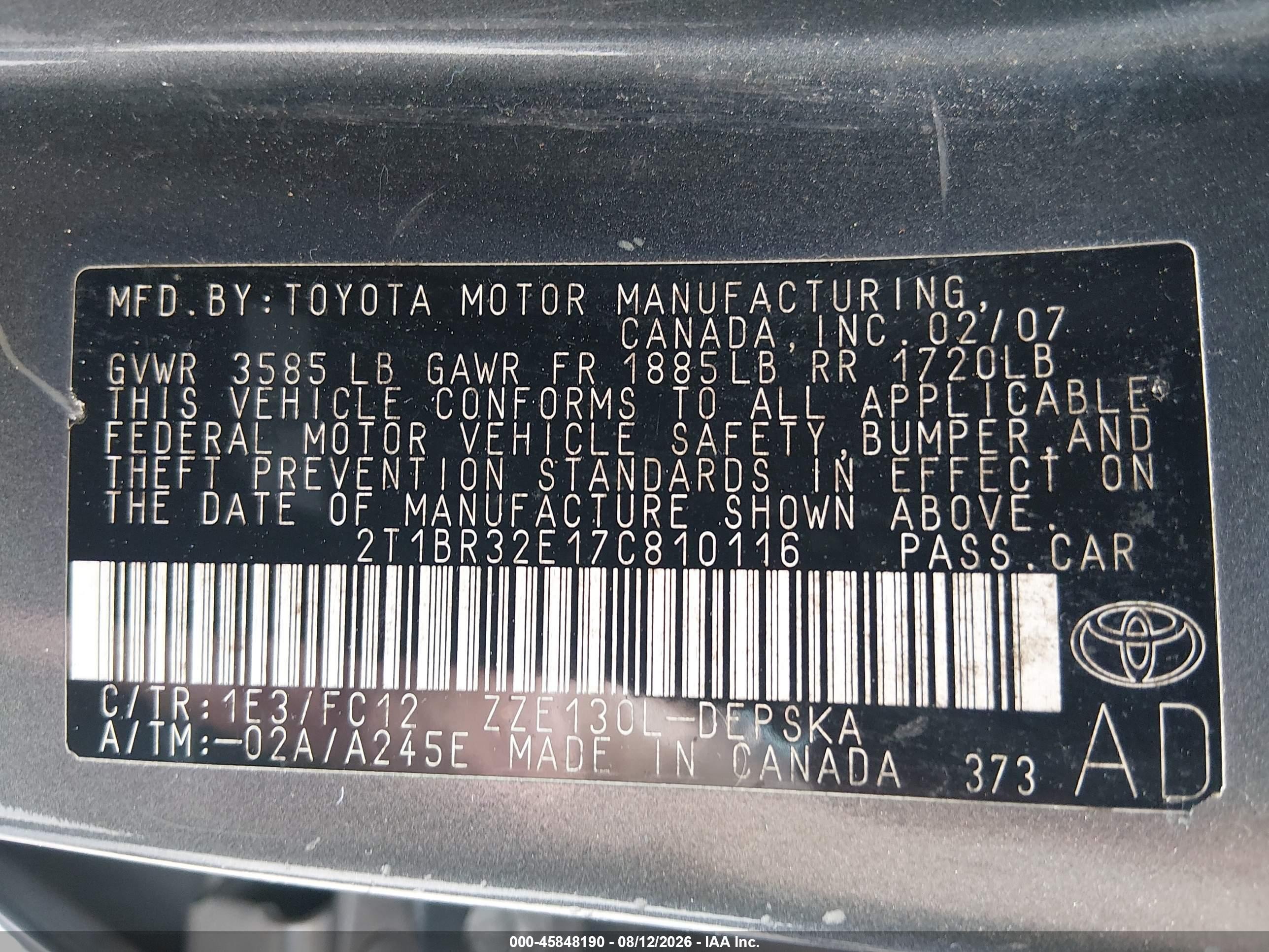 2007 Toyota Corolla S Gray vin: 2T1BR32E17C810116