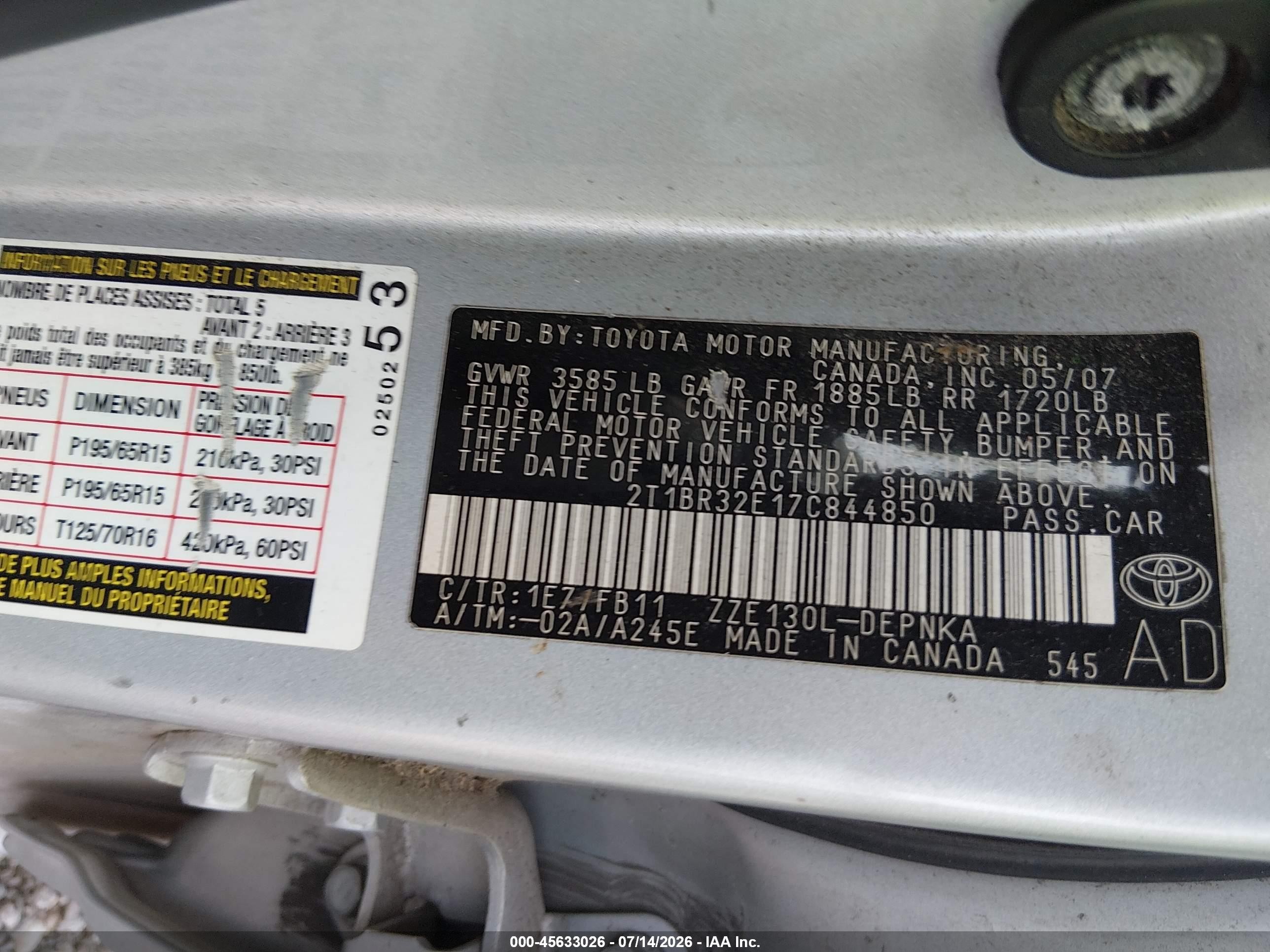 2007 Toyota Corolla Le Gray vin: 2T1BR32E17C844850