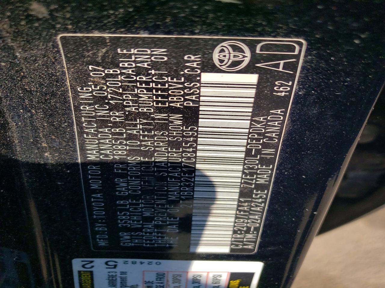 2007 Toyota Corolla Ce Black vin: 2T1BR32E17C845495