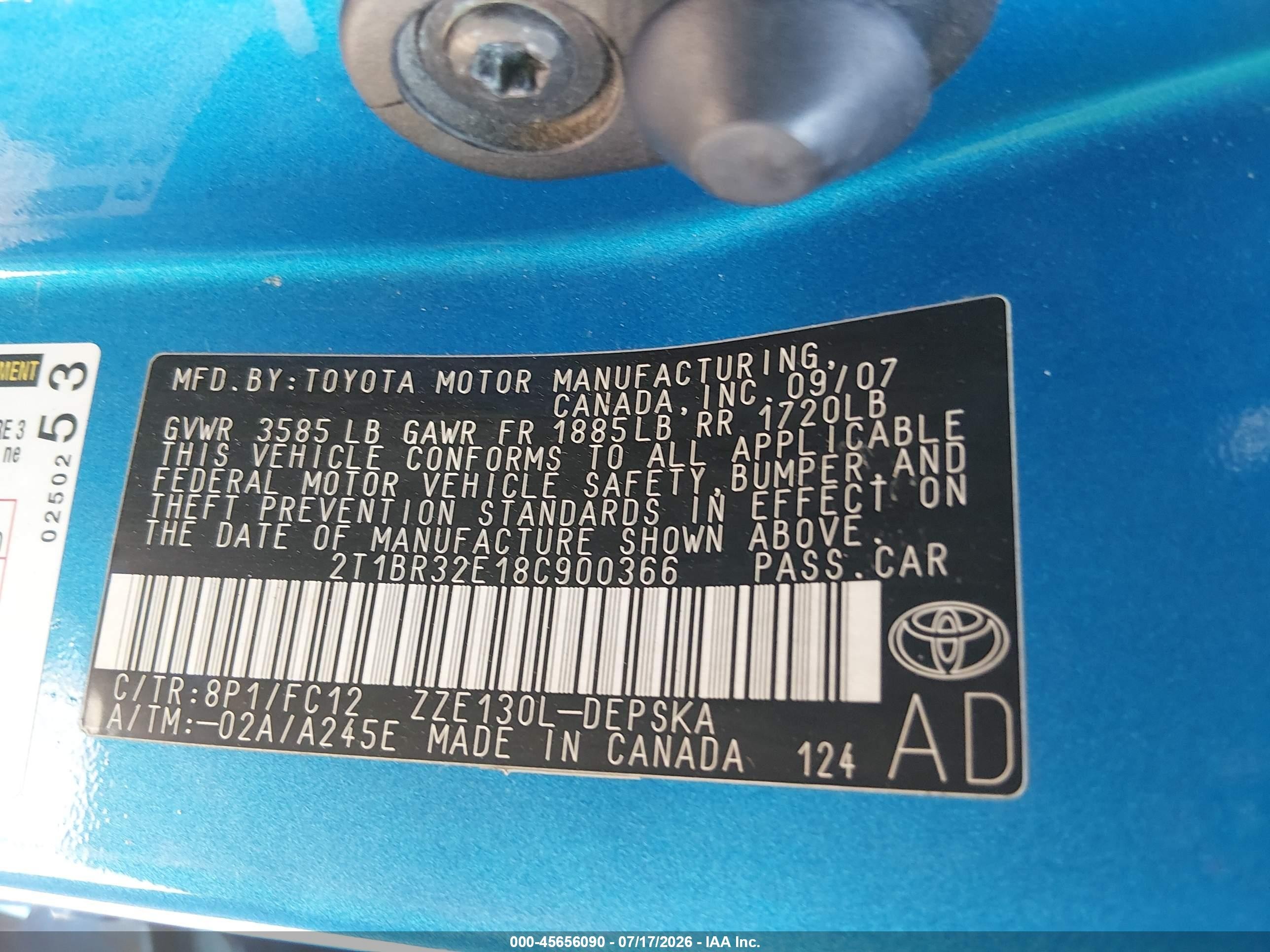2008 Toyota Corolla S Синий vin: 2T1BR32E18C900366