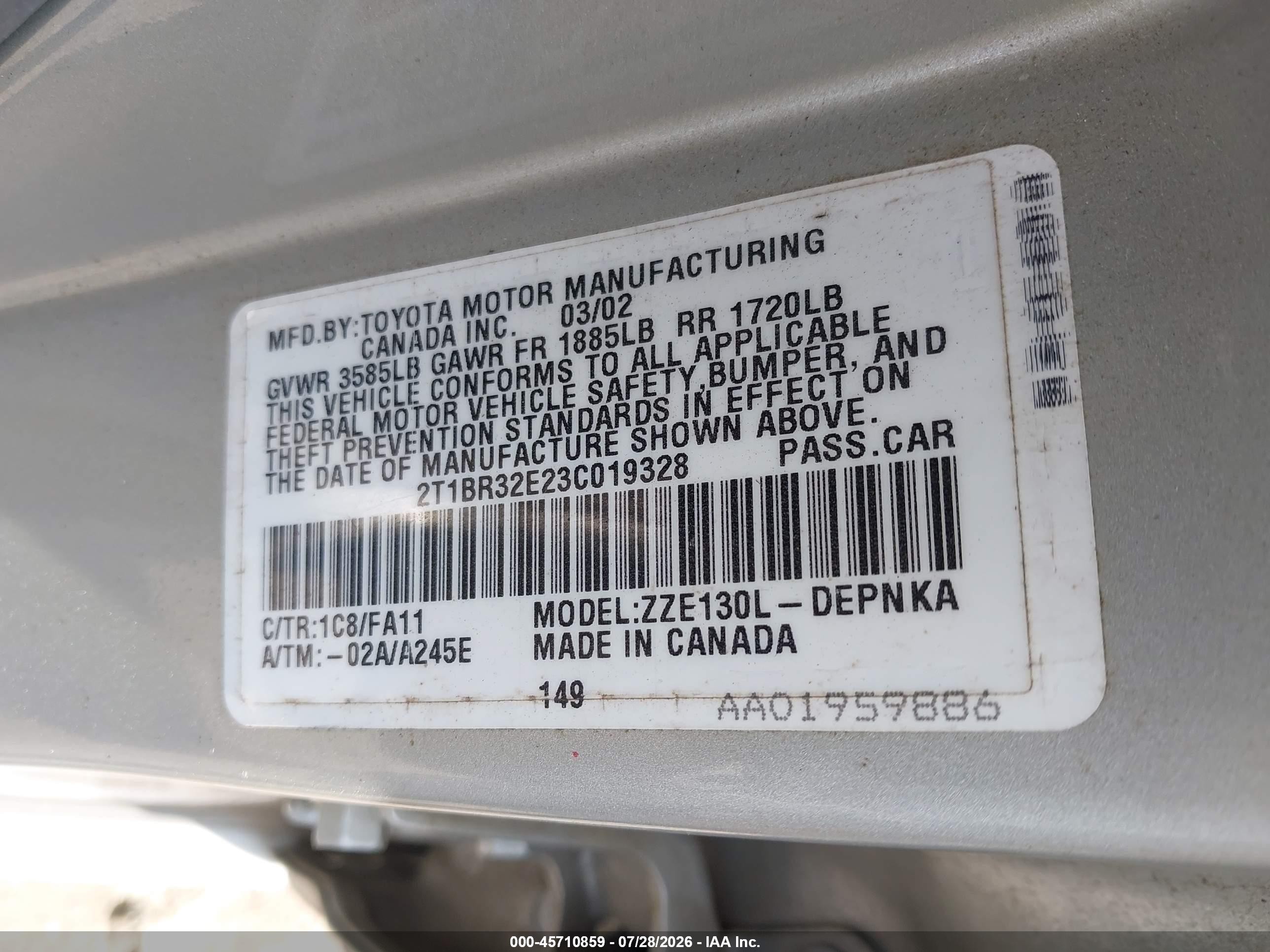 2003 Toyota Corolla Le Silver vin: 2T1BR32E23C019328