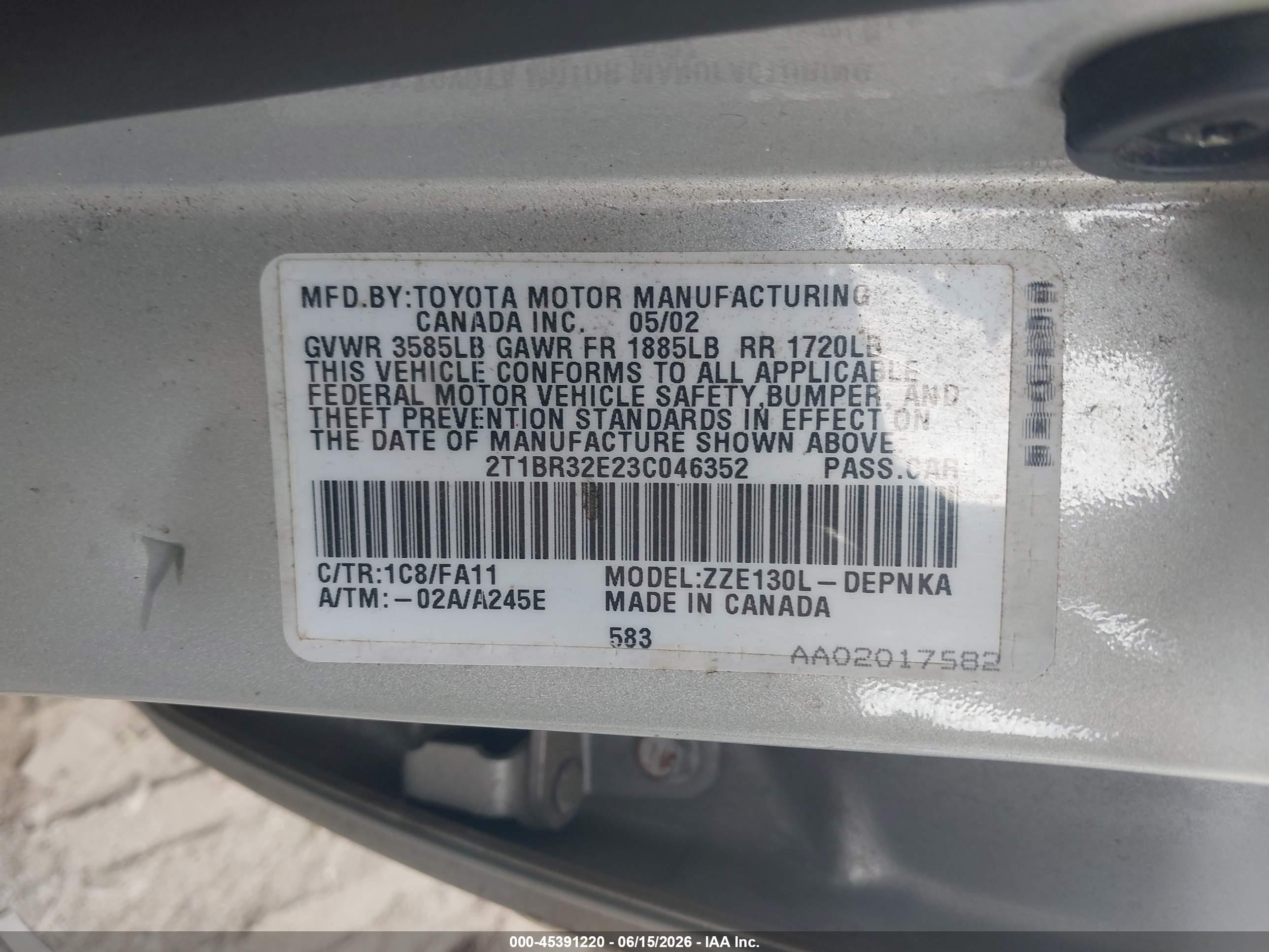 2003 Toyota Corolla Le Silver vin: 2T1BR32E23C046352