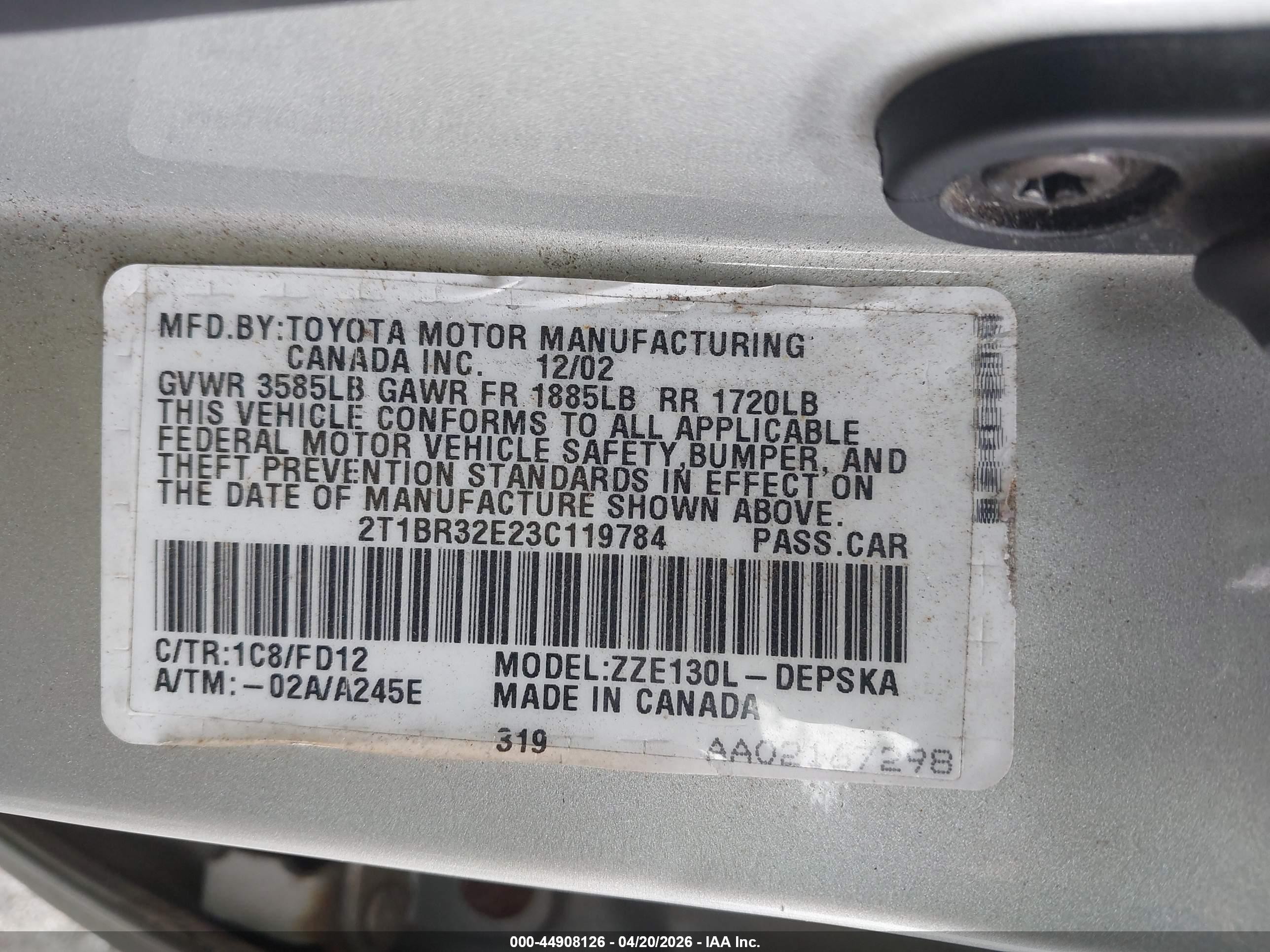 2003 Toyota Corolla S Silver vin: 2T1BR32E23C119784