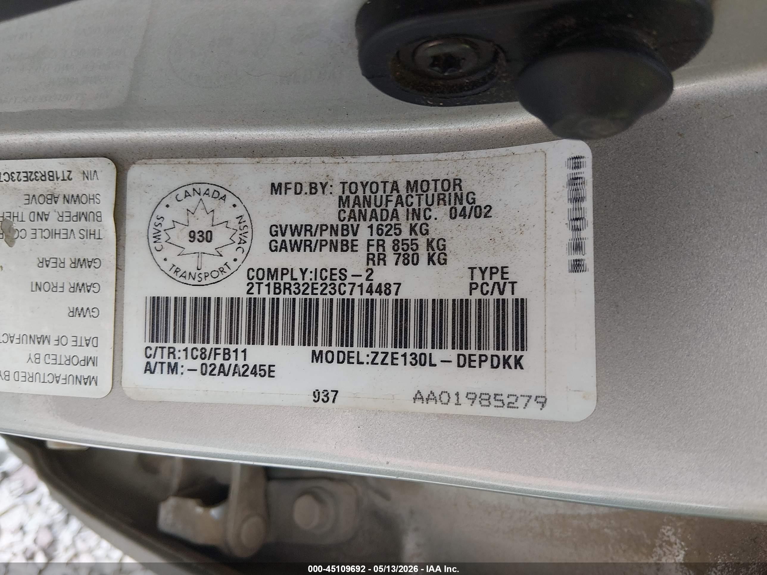 2003 Toyota Corolla Ce/le/sport Gray vin: 2T1BR32E23C714487