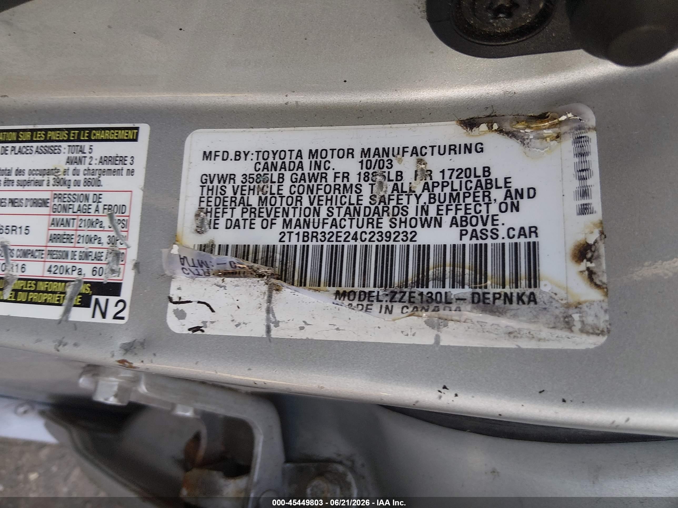 2004 Toyota Corolla Le Silver vin: 2T1BR32E24C239232