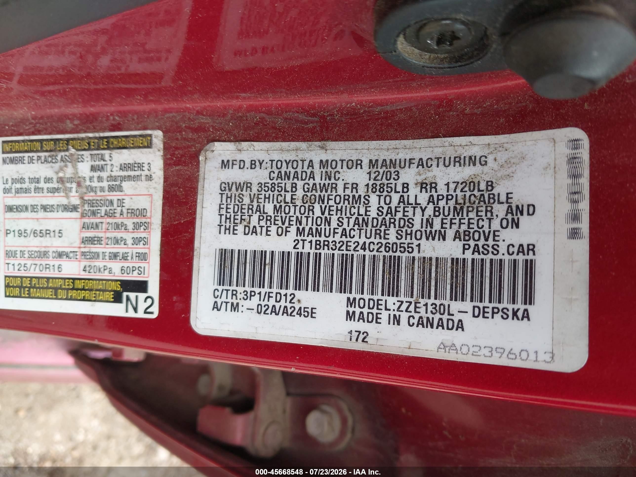 2004 Toyota Corolla S Red vin: 2T1BR32E24C260551