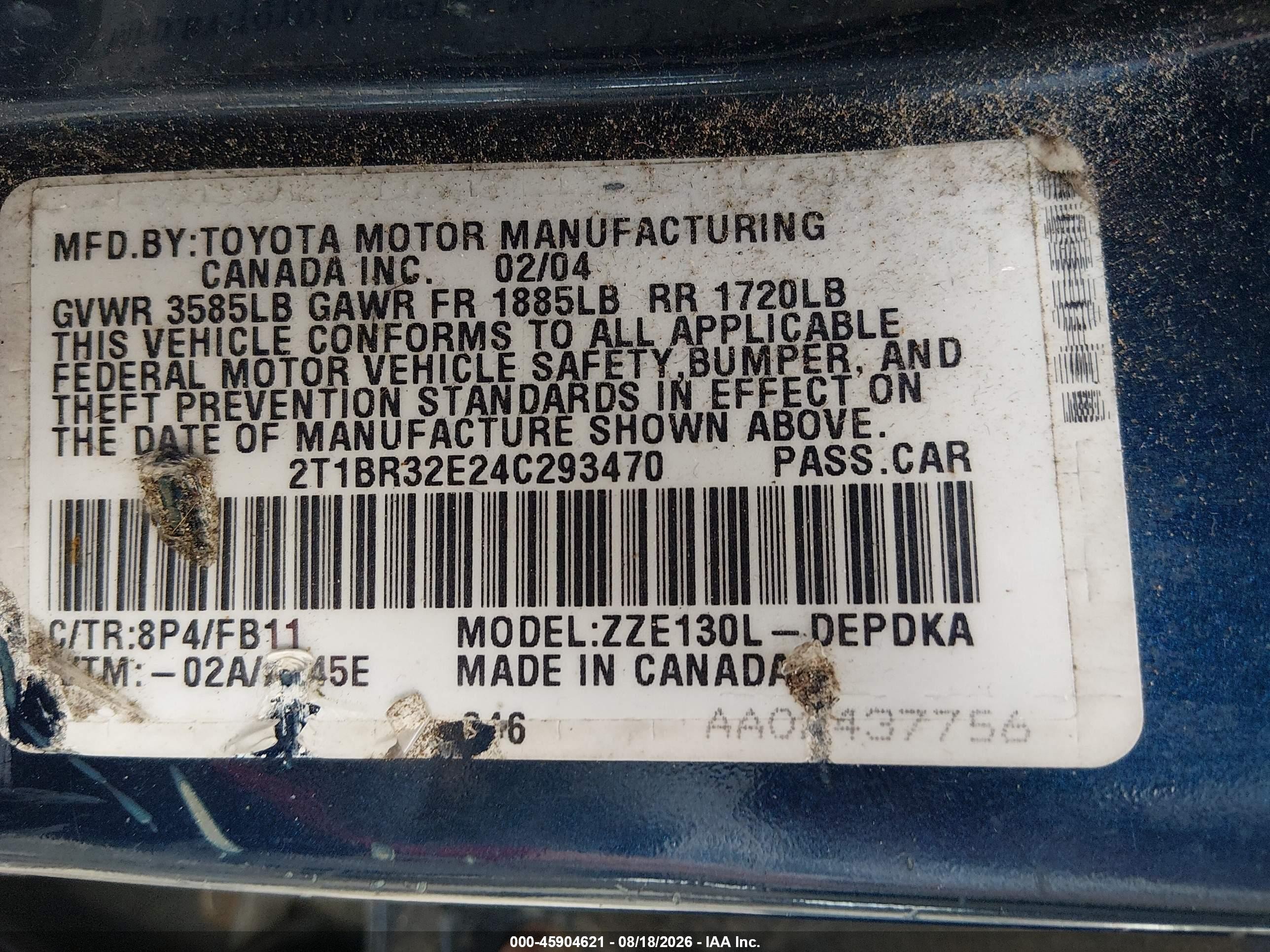 2004 Toyota Corolla Ce Blue vin: 2T1BR32E24C293470