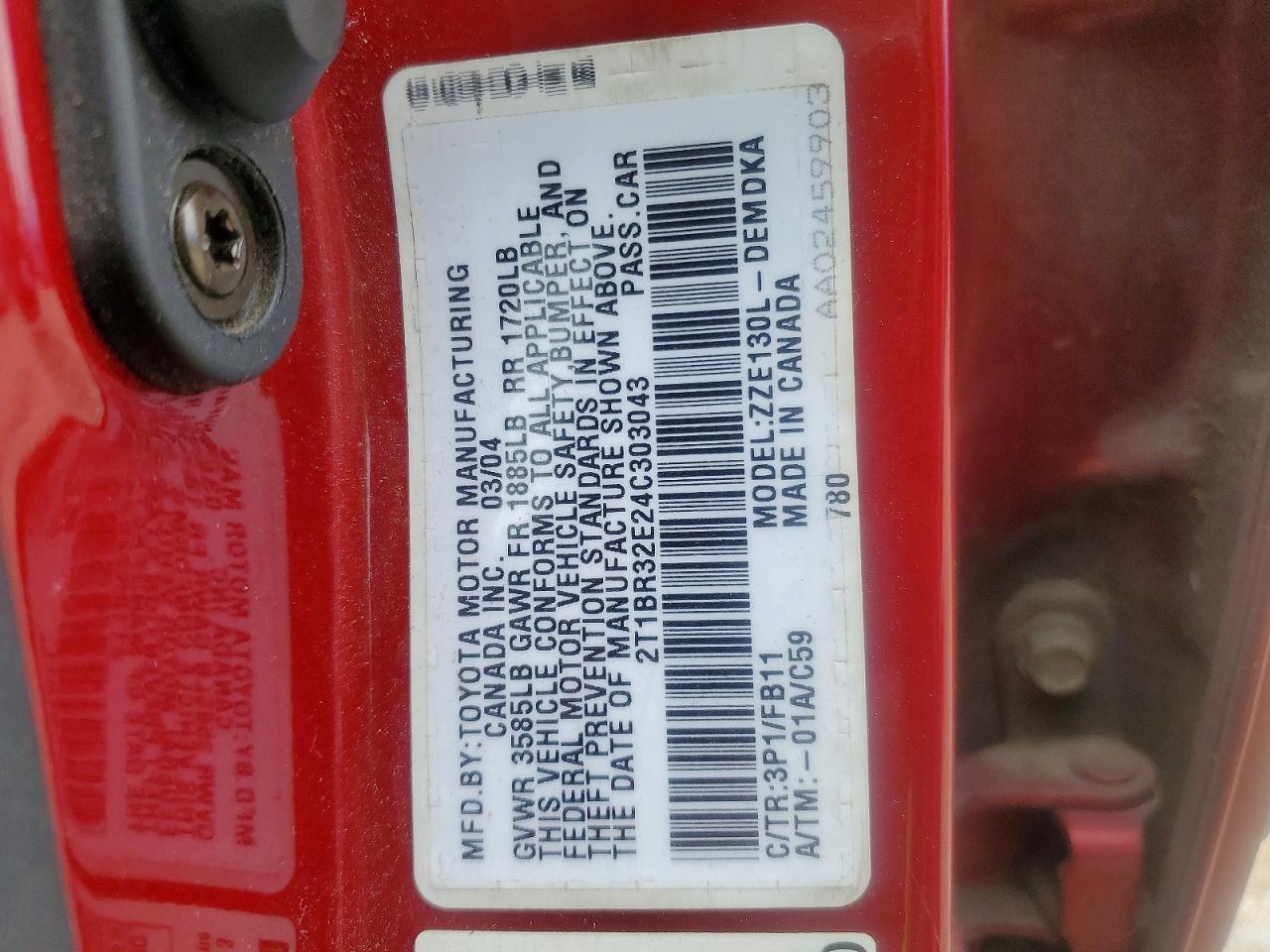 2004 Toyota Corolla Ce Red vin: 2T1BR32E24C303043