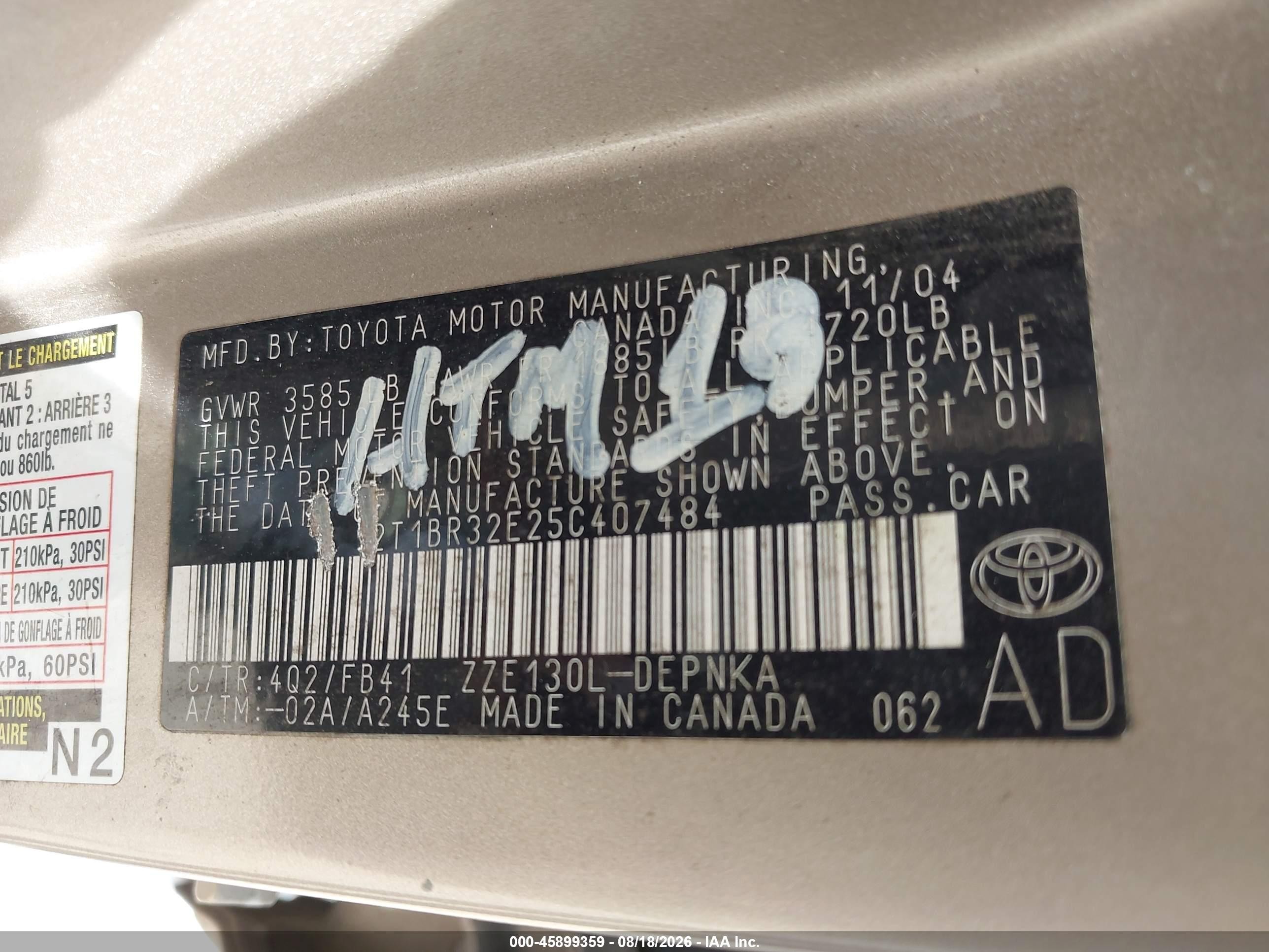 2005 Toyota Corolla Le Beige vin: 2T1BR32E25C407484