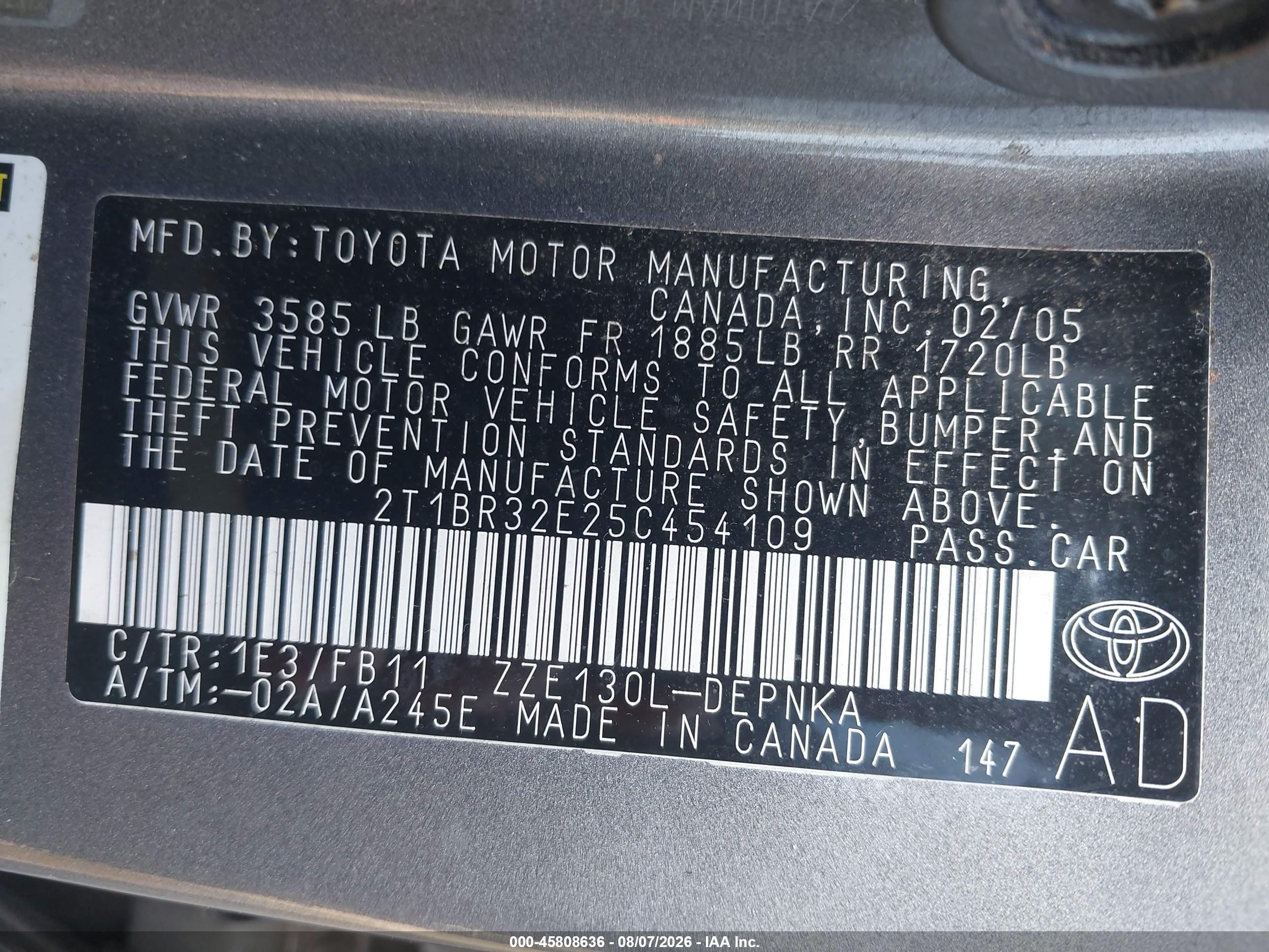 2005 Toyota Corolla Le Gray vin: 2T1BR32E25C454109