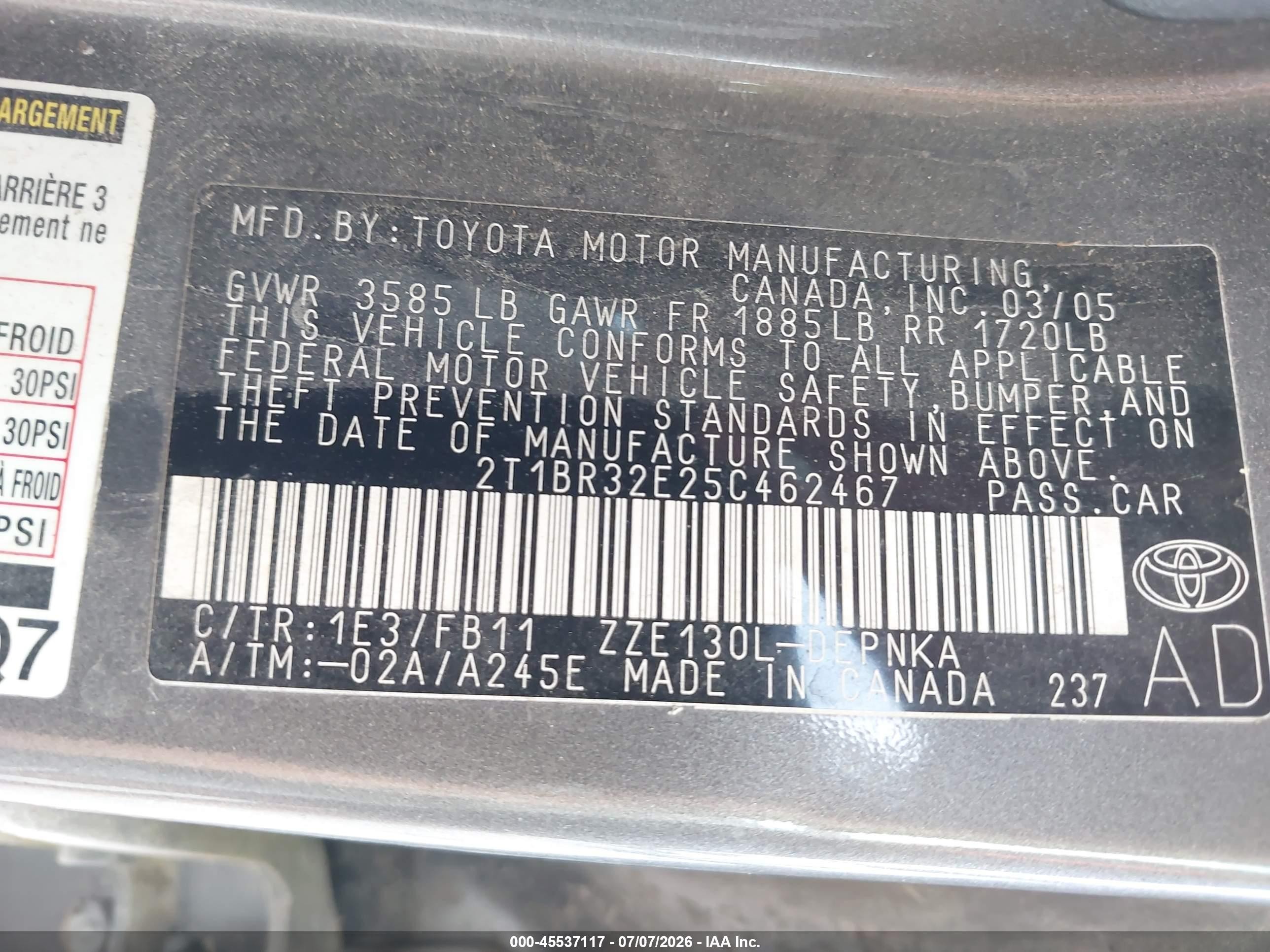 2005 Toyota Corolla Le Gray vin: 2T1BR32E25C462467
