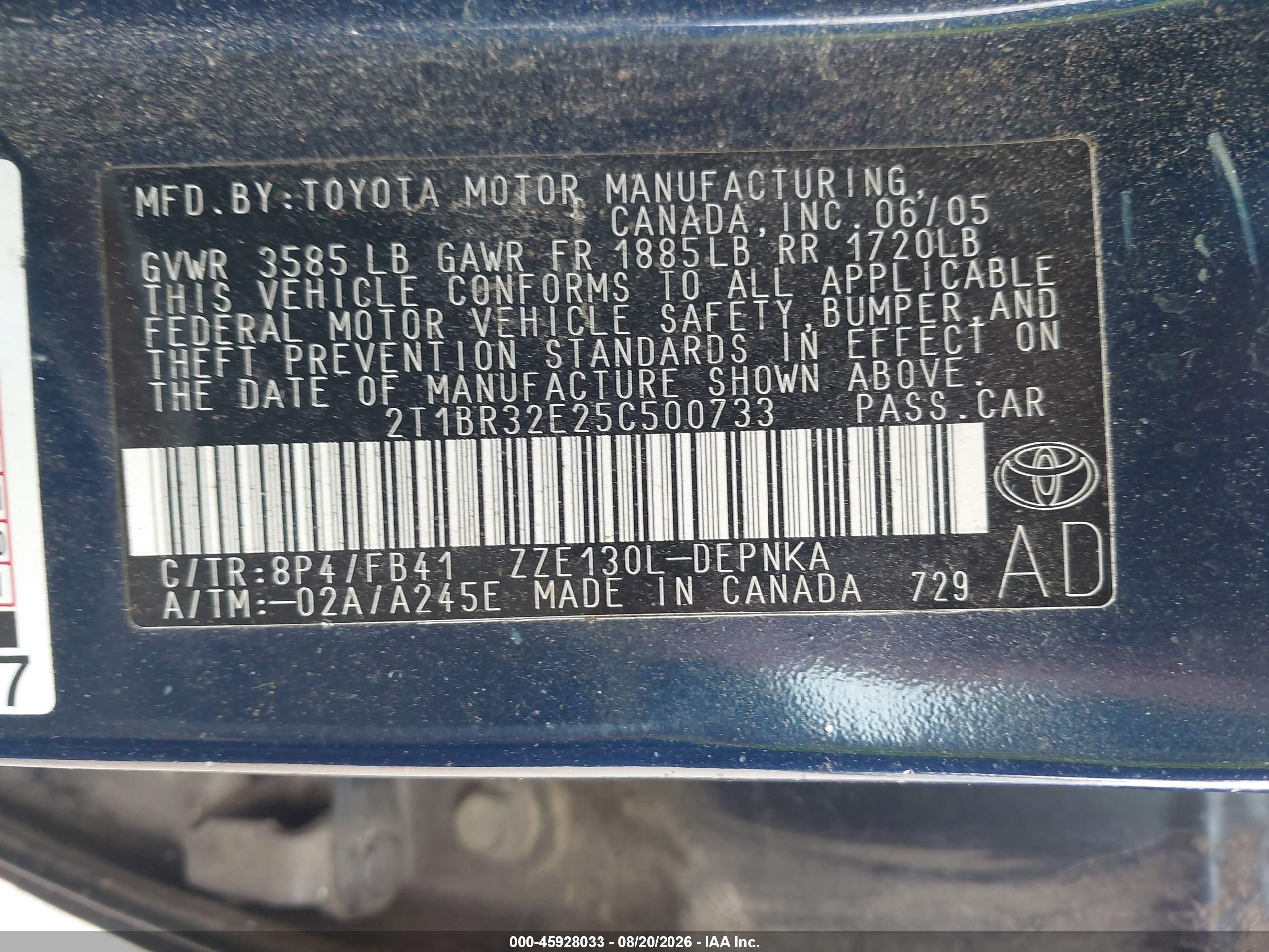 2005 Toyota Corolla Le Blue vin: 2T1BR32E25C500733