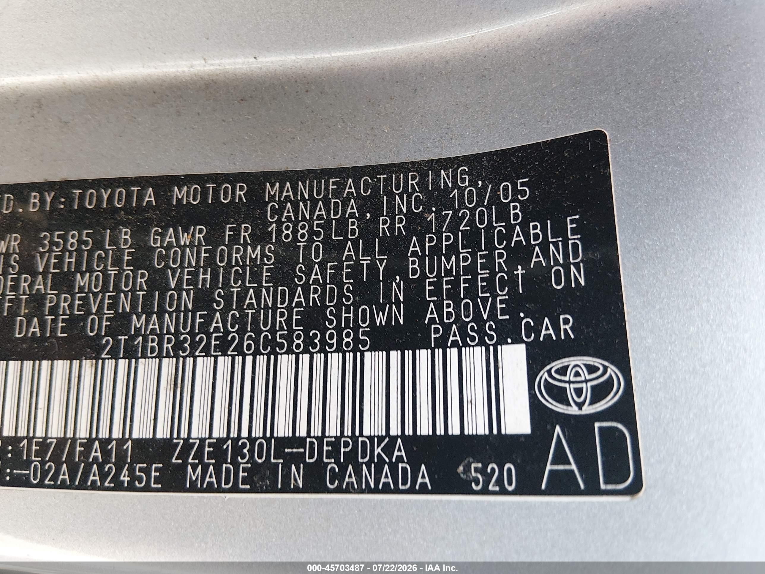 2006 Toyota Corolla Ce Silver vin: 2T1BR32E26C583985