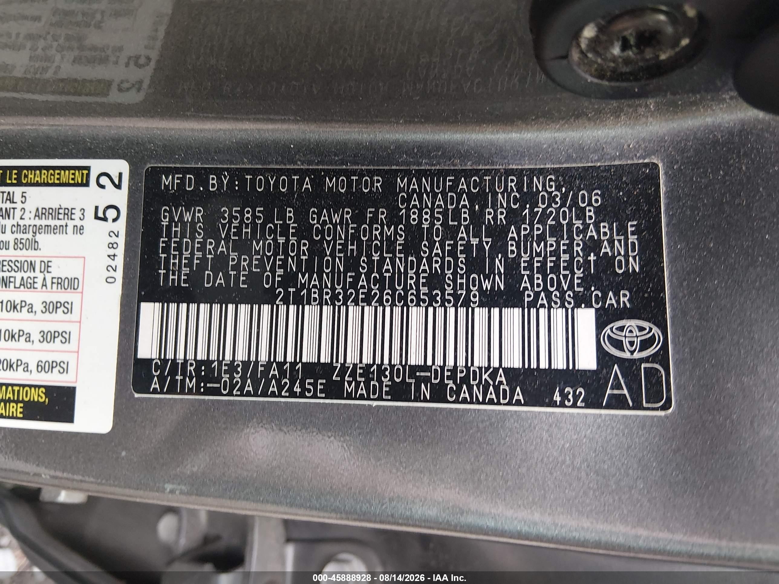 2006 Toyota Corolla Ce Gray vin: 2T1BR32E26C653579