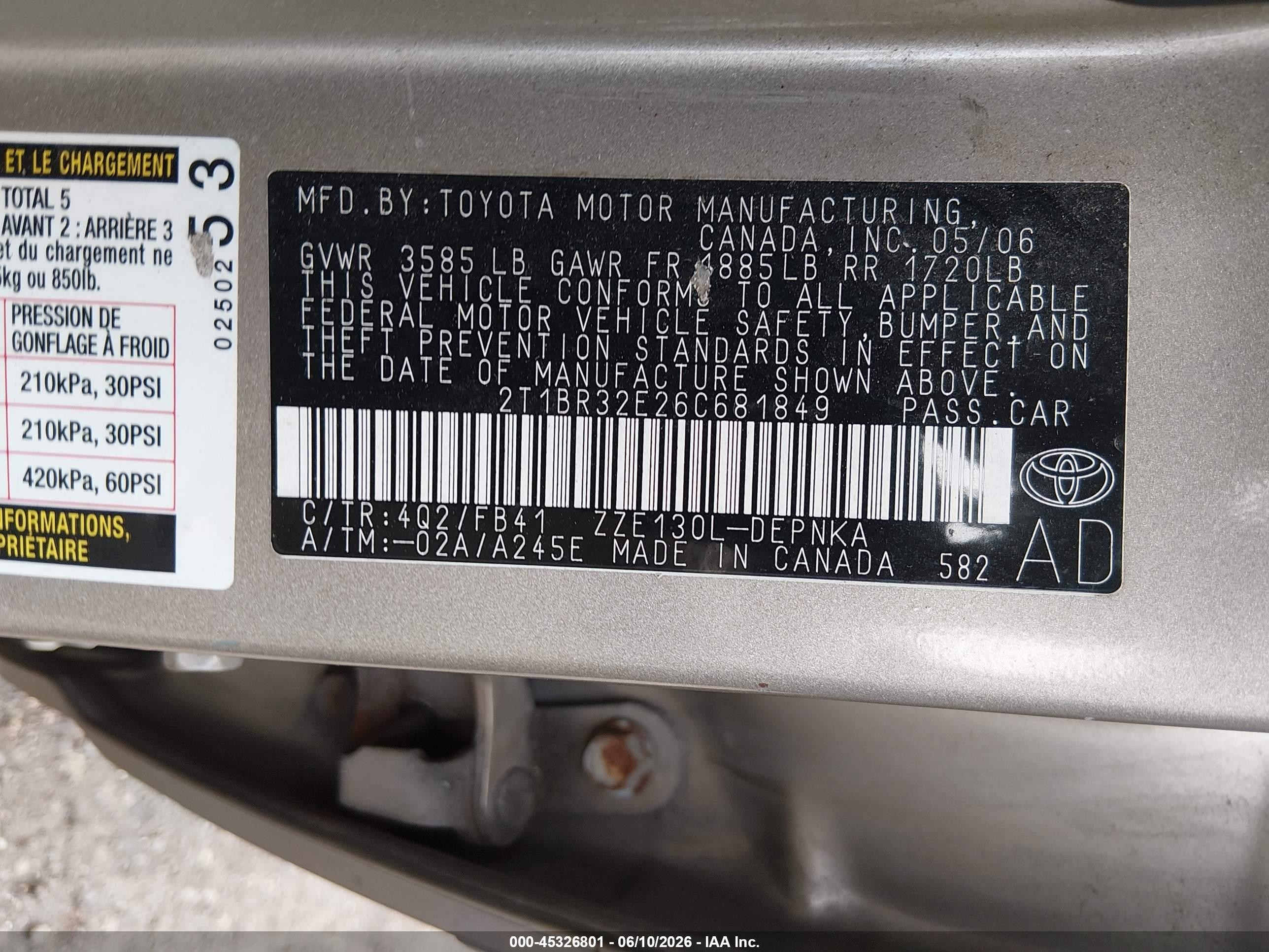 2006 Toyota Corolla Le Beige vin: 2T1BR32E26C681849