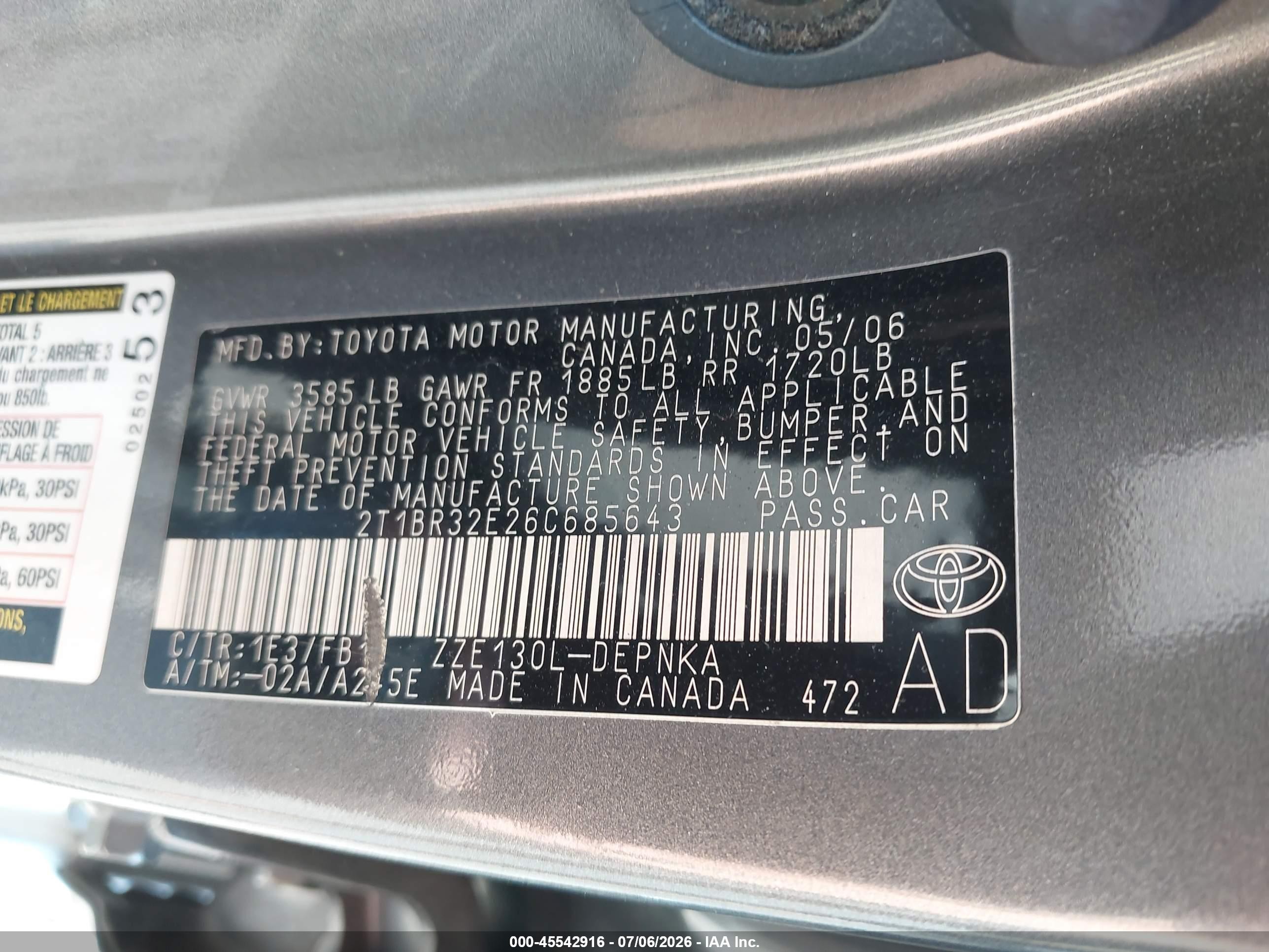2006 Toyota Corolla Le Серый vin: 2T1BR32E26C685643