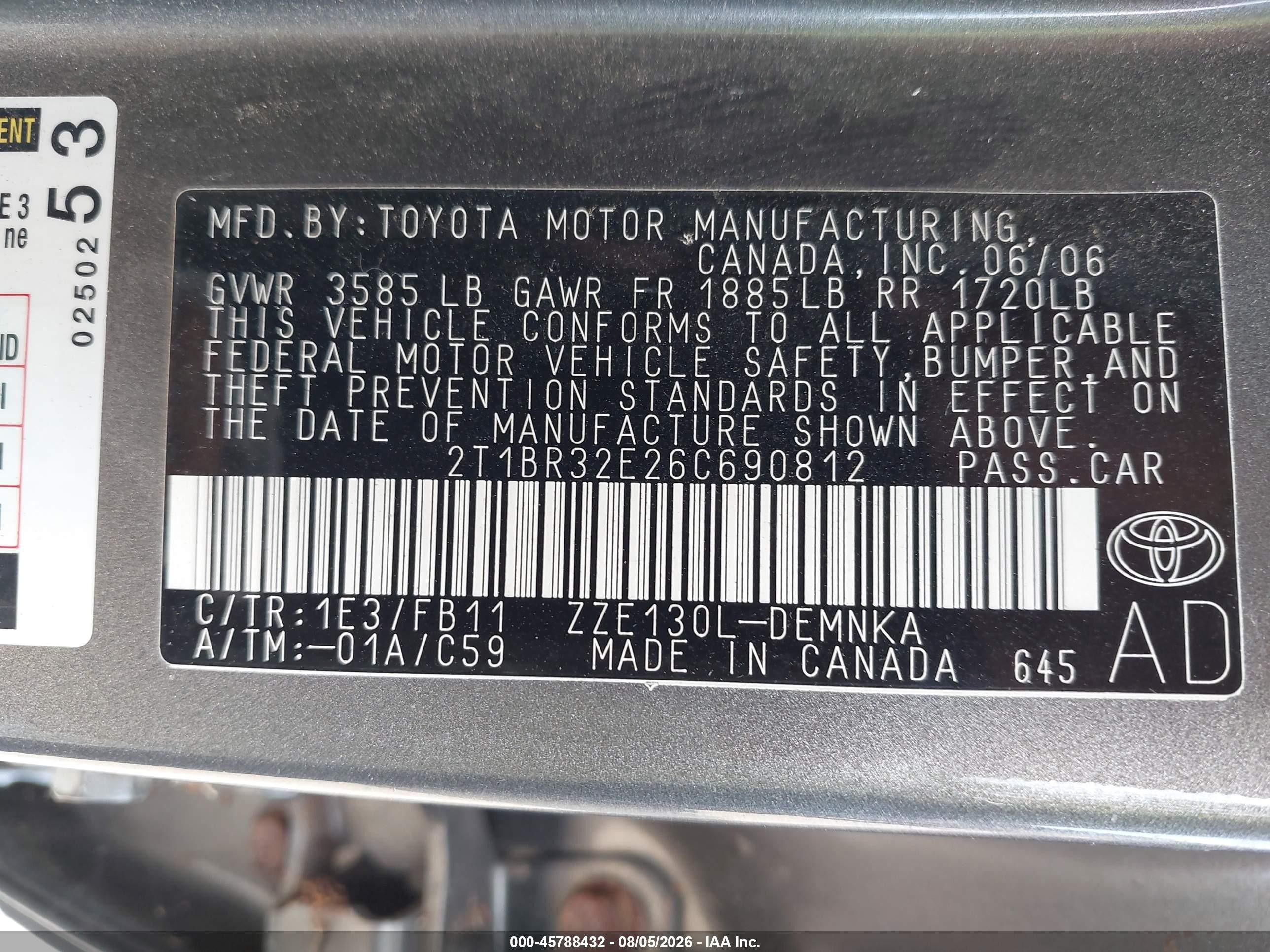2006 Toyota Corolla Le Серый vin: 2T1BR32E26C690812