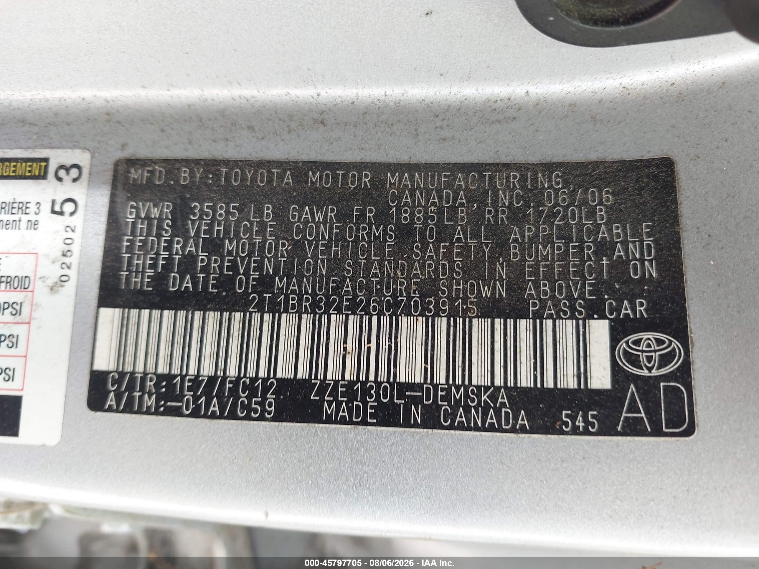 2006 Toyota Corolla S Gray vin: 2T1BR32E26C703915