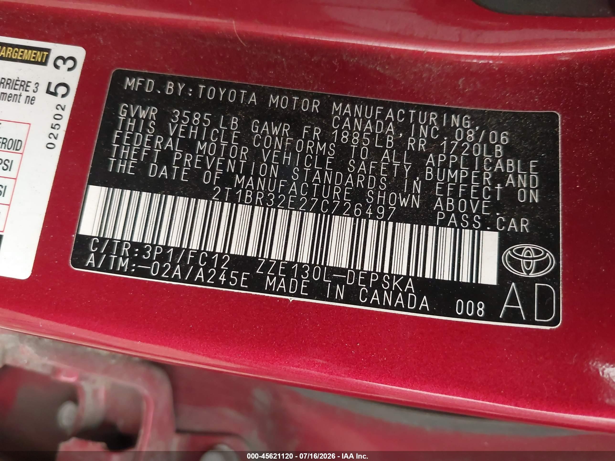 2007 Toyota Corolla S Red vin: 2T1BR32E27C726497