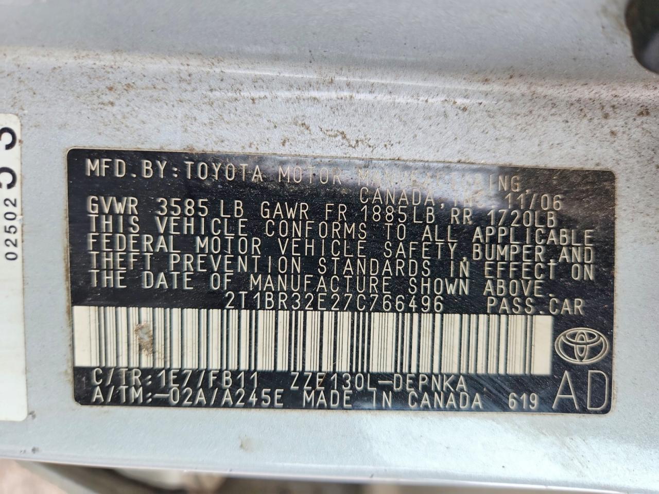 2007 Toyota Corolla Le Silver vin: 2T1BR32E27C766496