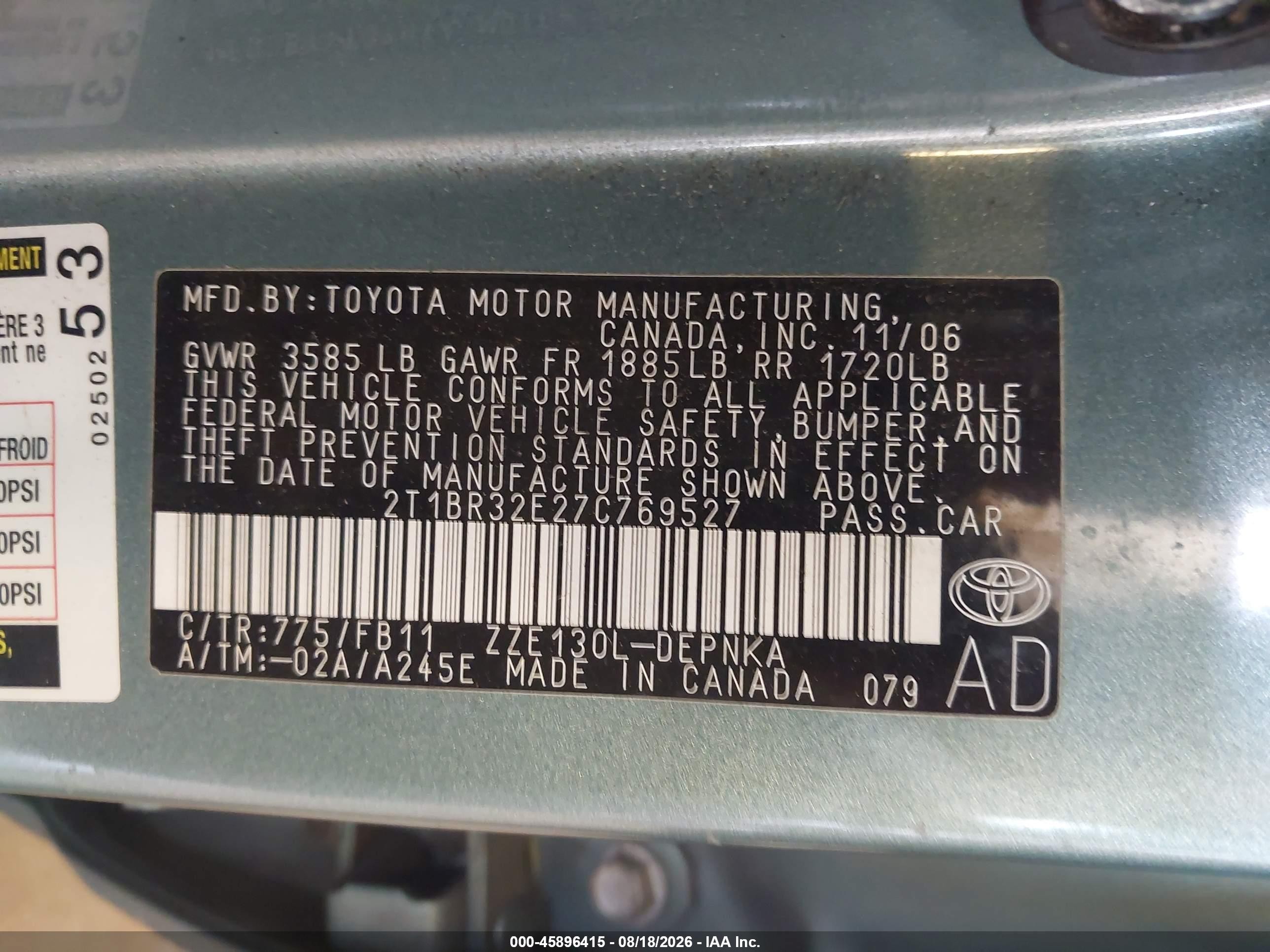 2007 Toyota Corolla Le Light Blue vin: 2T1BR32E27C769527