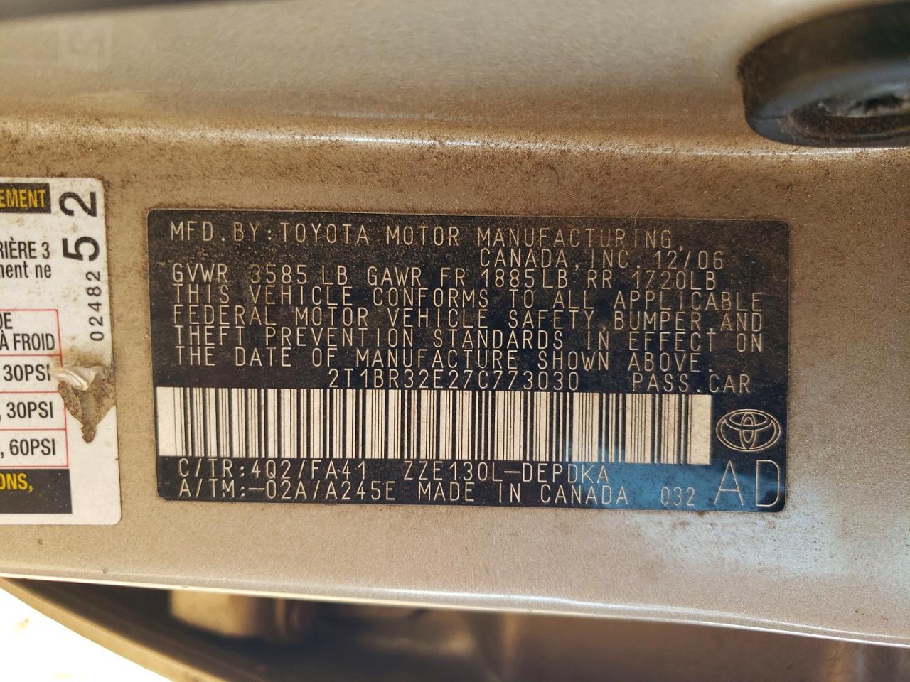 2007 Toyota Corolla Ce Tan vin: 2T1BR32E27C773030