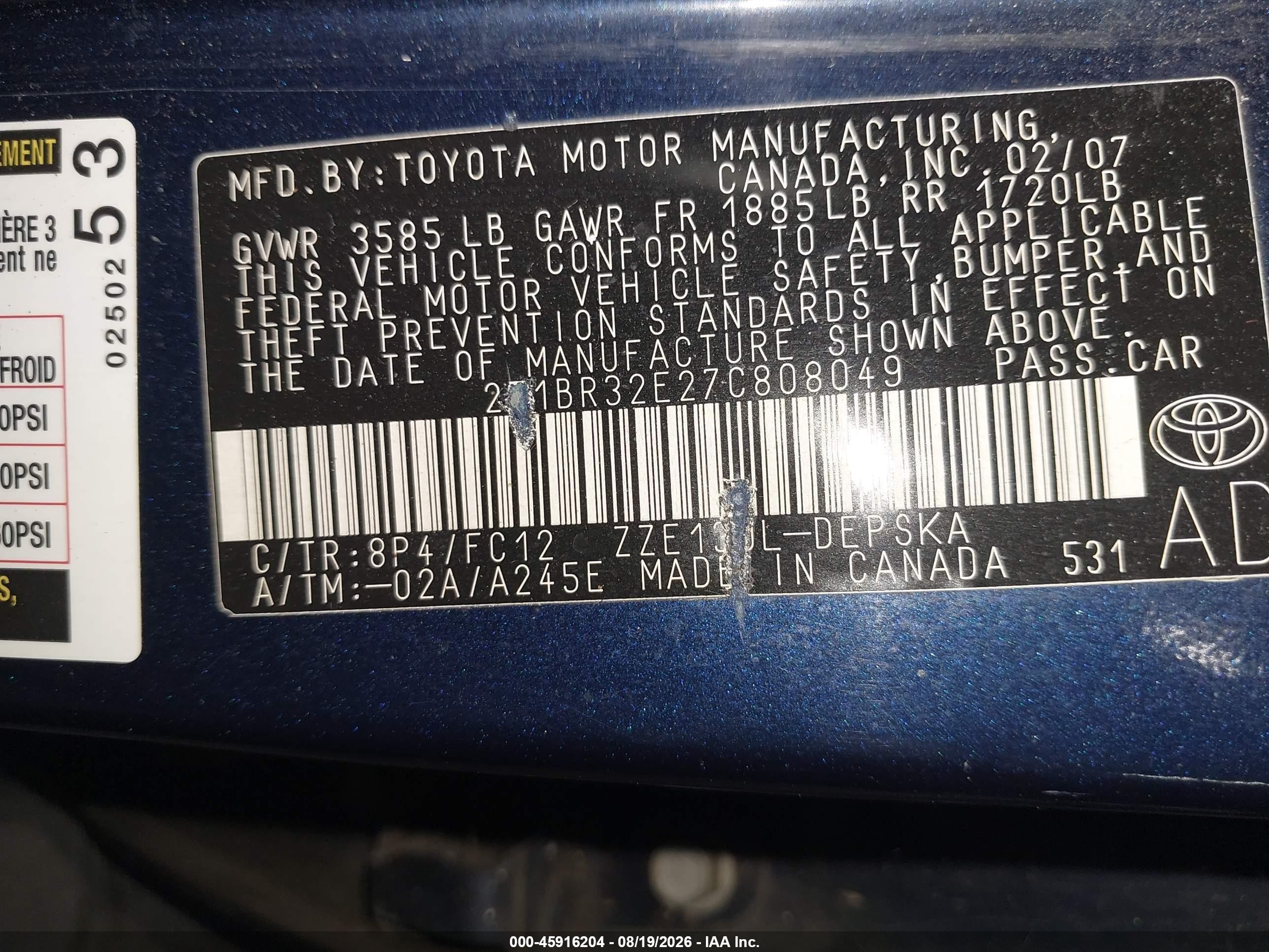 2007 Toyota Corolla S Blue vin: 2T1BR32E27C808049