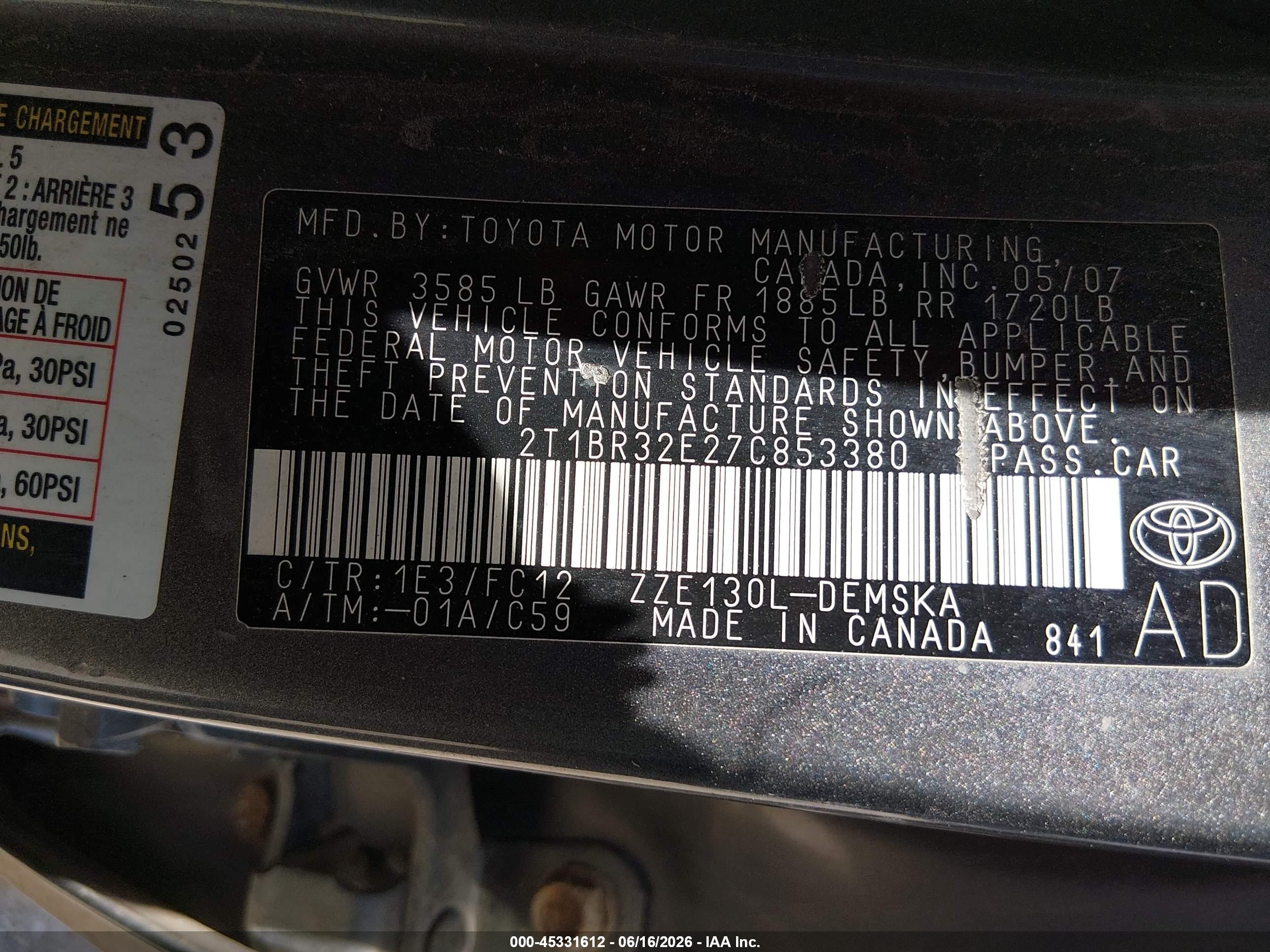 2007 Toyota Corolla S Gray vin: 2T1BR32E27C853380