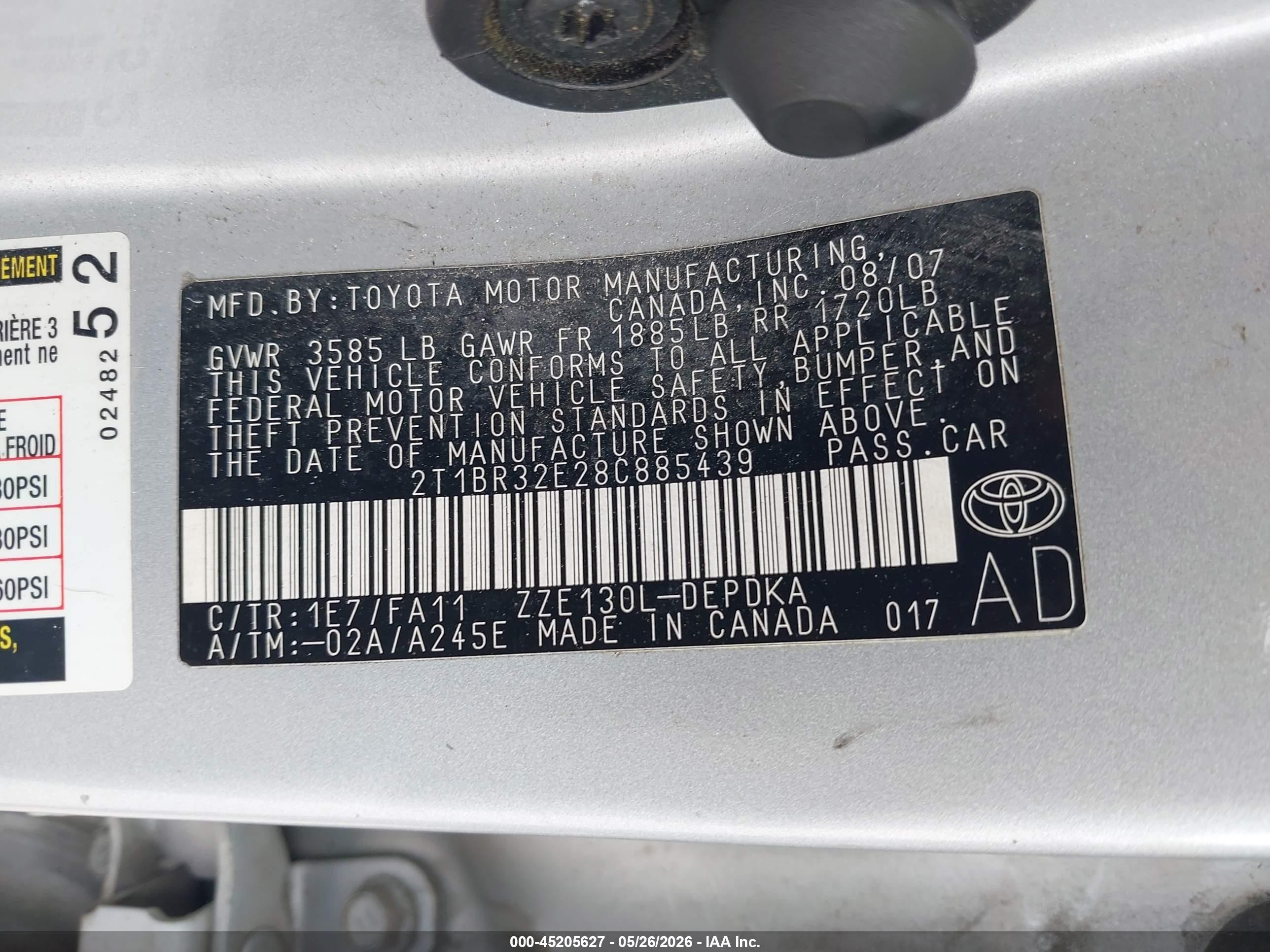 2008 Toyota Corolla Ce Silver vin: 2T1BR32E28C885439