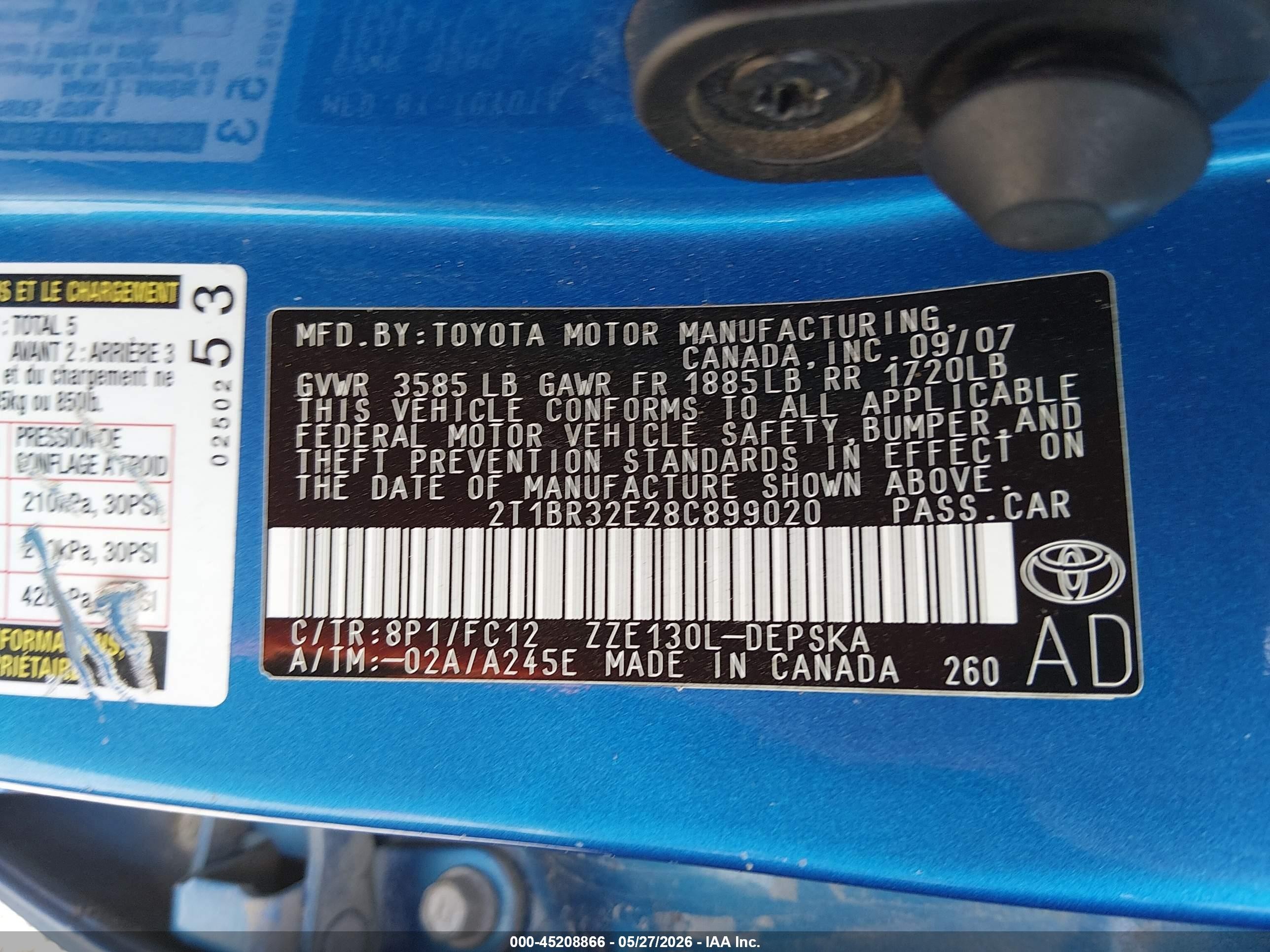 2008 Toyota Corolla S Blue vin: 2T1BR32E28C899020