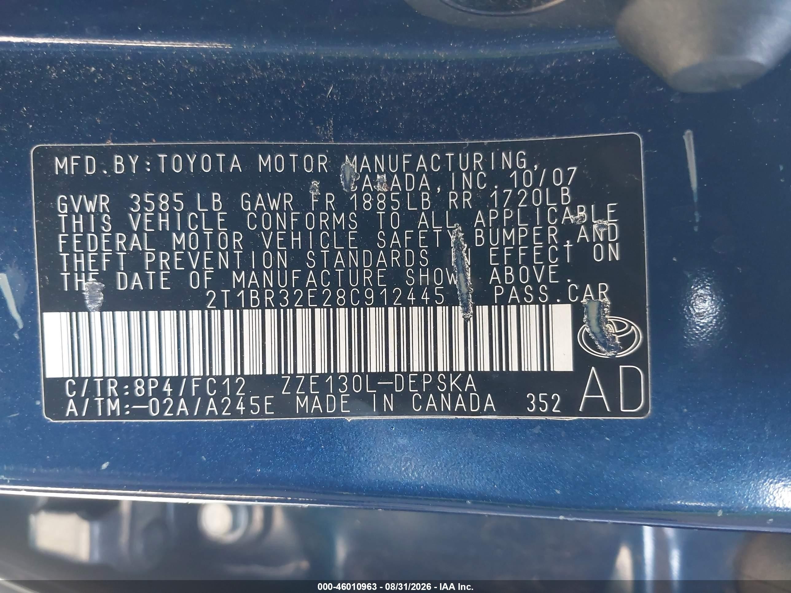 2008 Toyota Corolla S Blue vin: 2T1BR32E28C912445