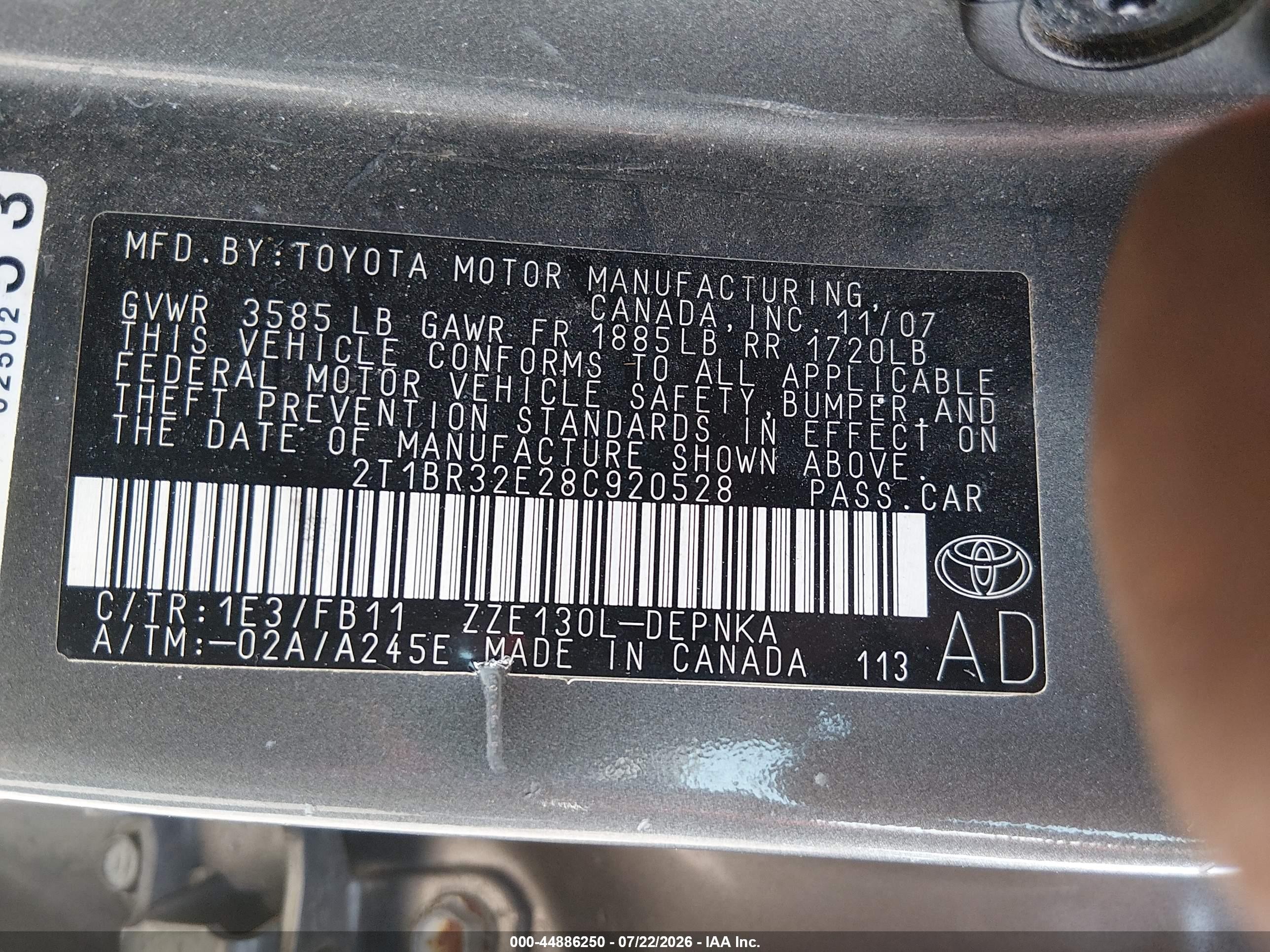 2008 Toyota Corolla Le Gray vin: 2T1BR32E28C920528
