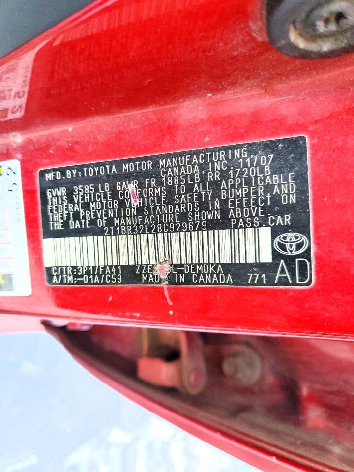 2008 Toyota Corolla Ce Red vin: 2T1BR32E28C929679