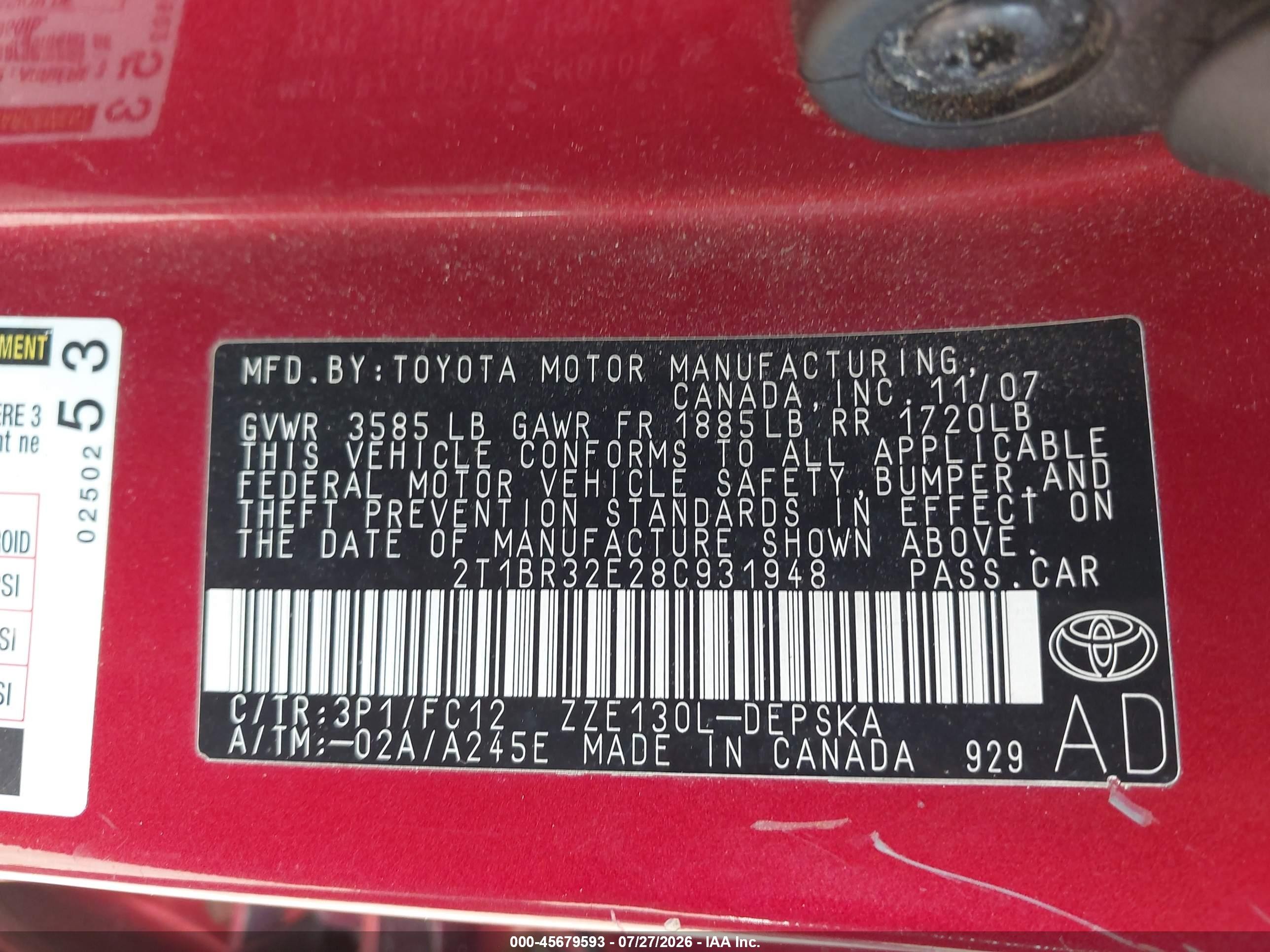 2008 Toyota Corolla S Red vin: 2T1BR32E28C931948