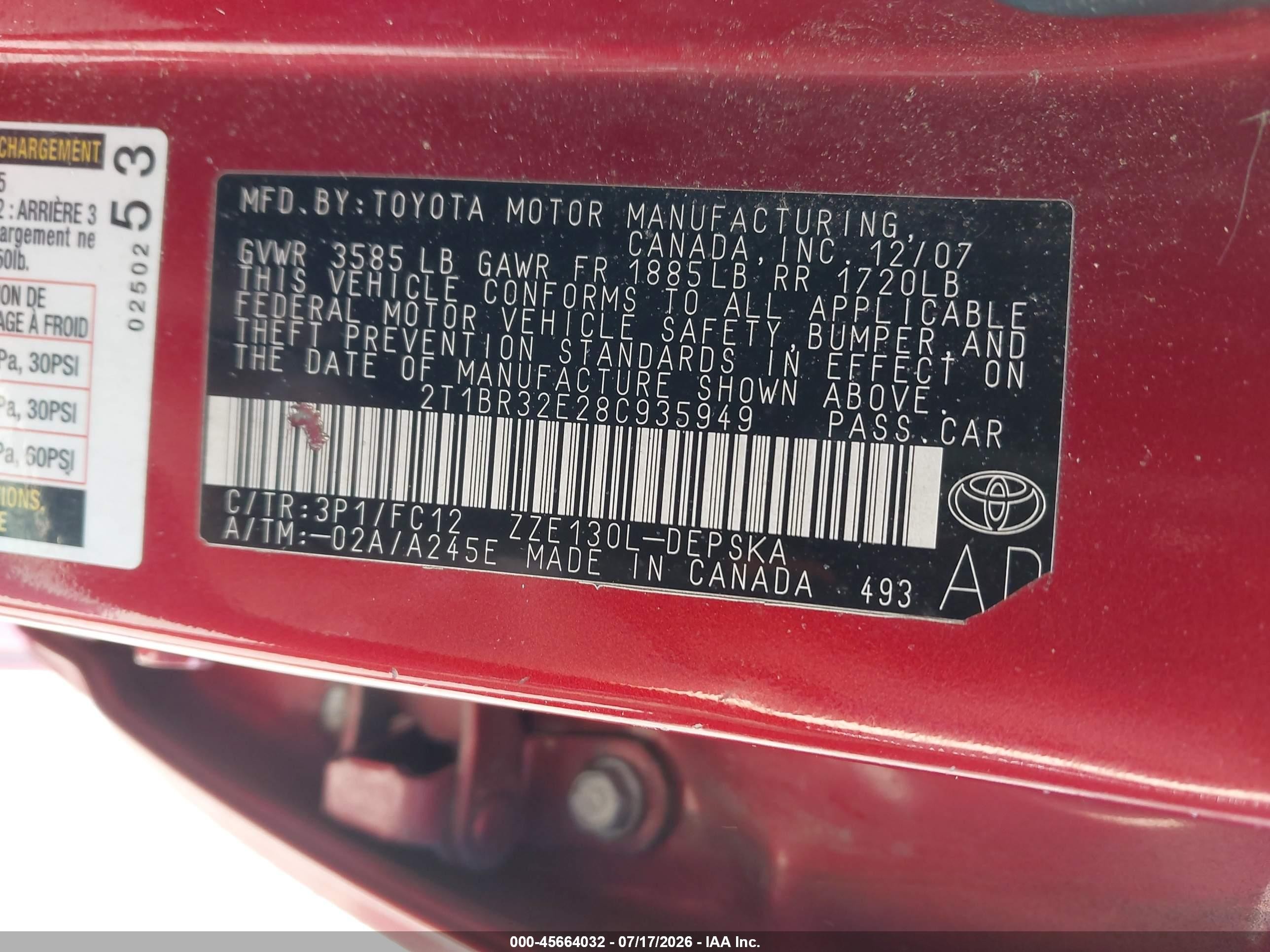 2008 Toyota Corolla S Red vin: 2T1BR32E28C935949