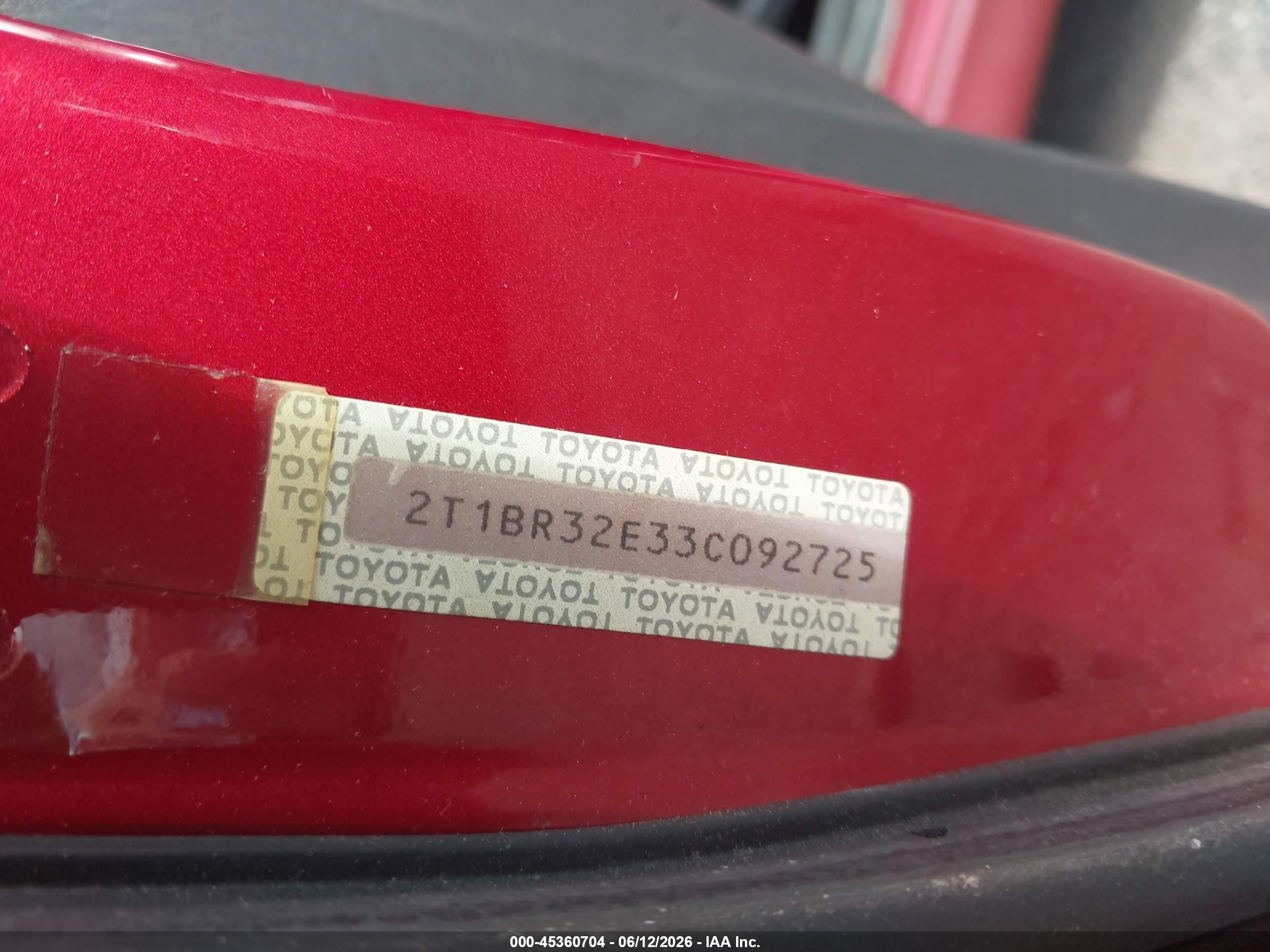 2003 Toyota Corolla S Red vin: 2T1BR32E33C092725