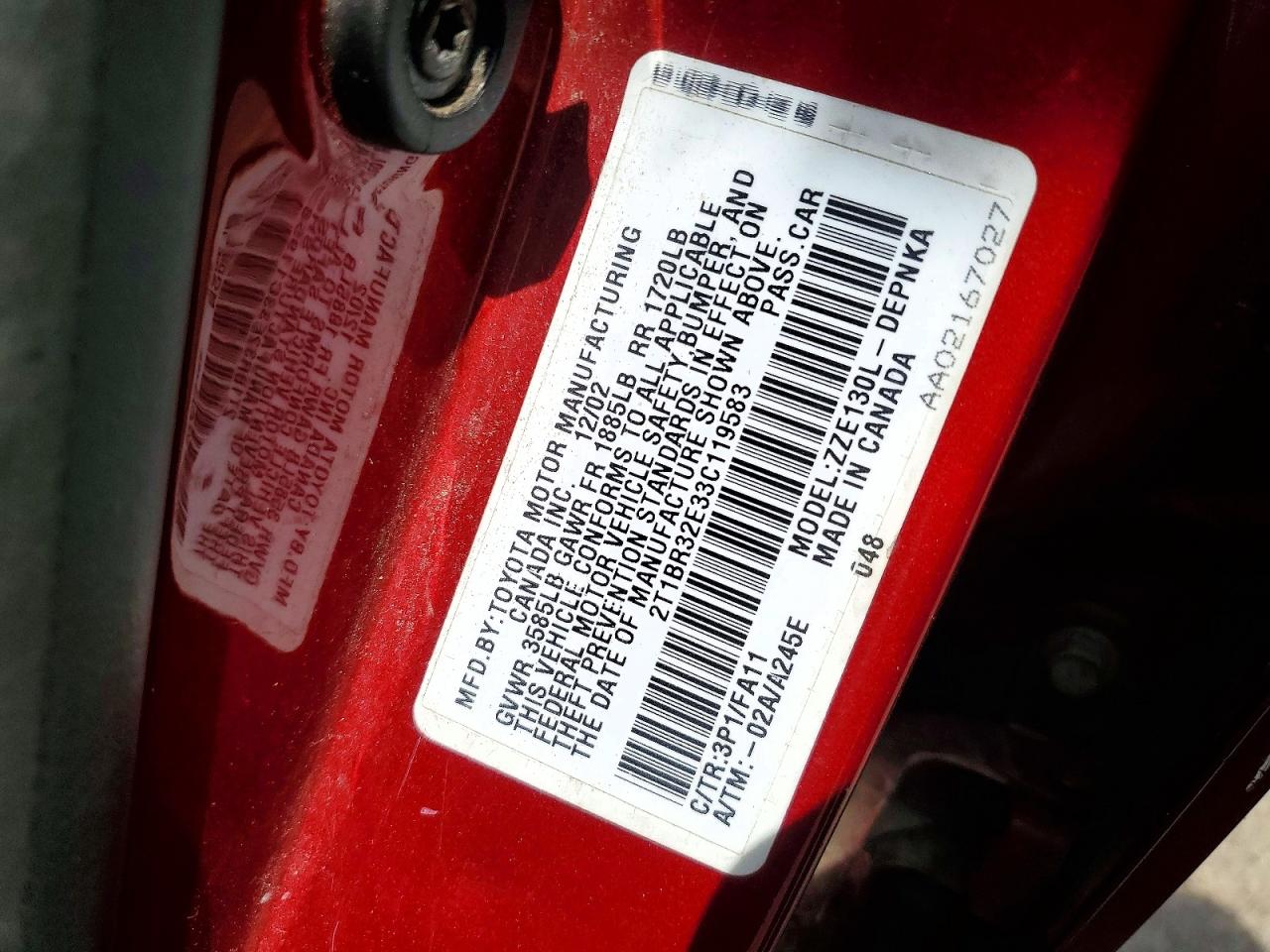 2003 Toyota Corolla Le Red vin: 2T1BR32E33C119583