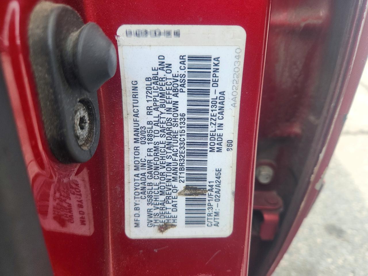 2003 Toyota Corolla Le Red vin: 2T1BR32E33C151336