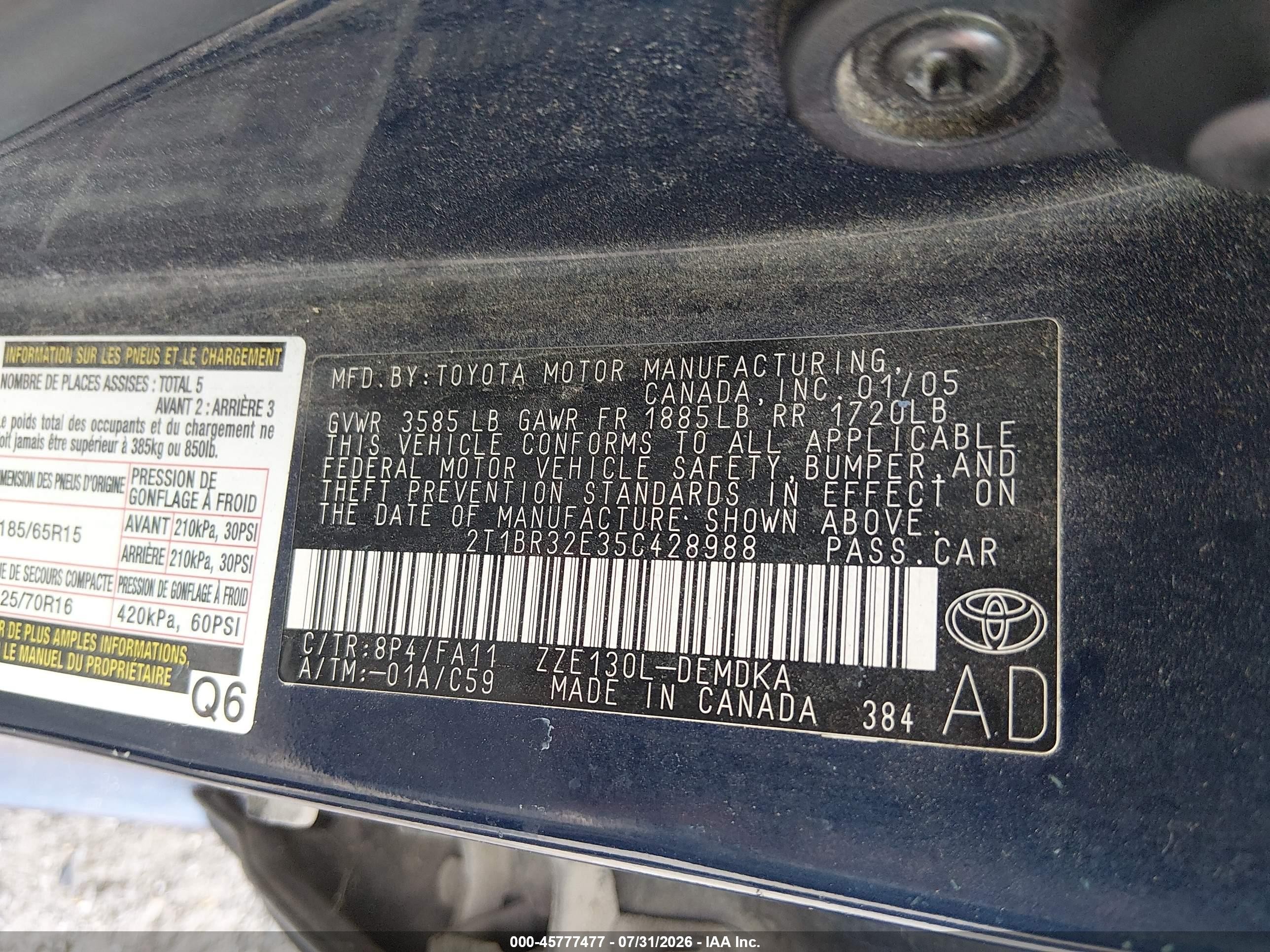 2005 Toyota Corolla Ce Blue vin: 2T1BR32E35C428988
