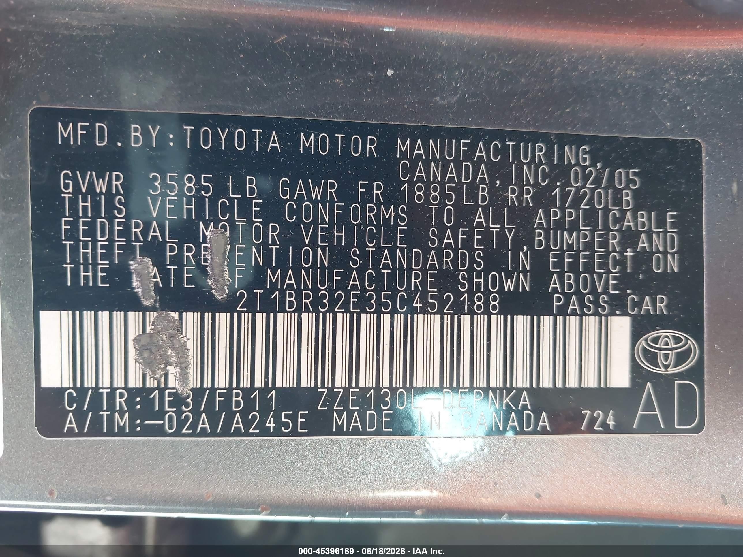2005 Toyota Corolla Le Gray vin: 2T1BR32E35C452188