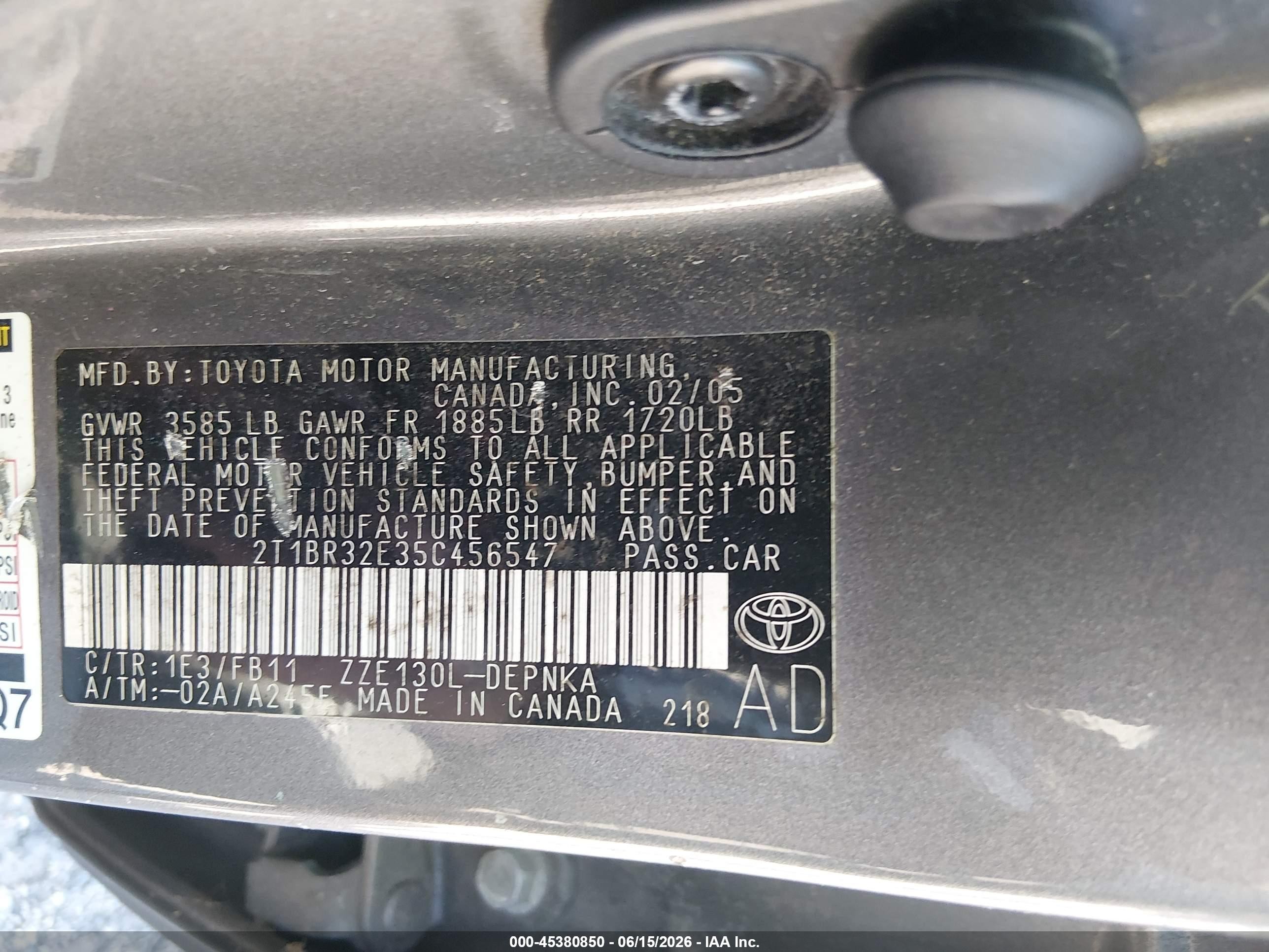 2005 Toyota Corolla Le Gray vin: 2T1BR32E35C456547
