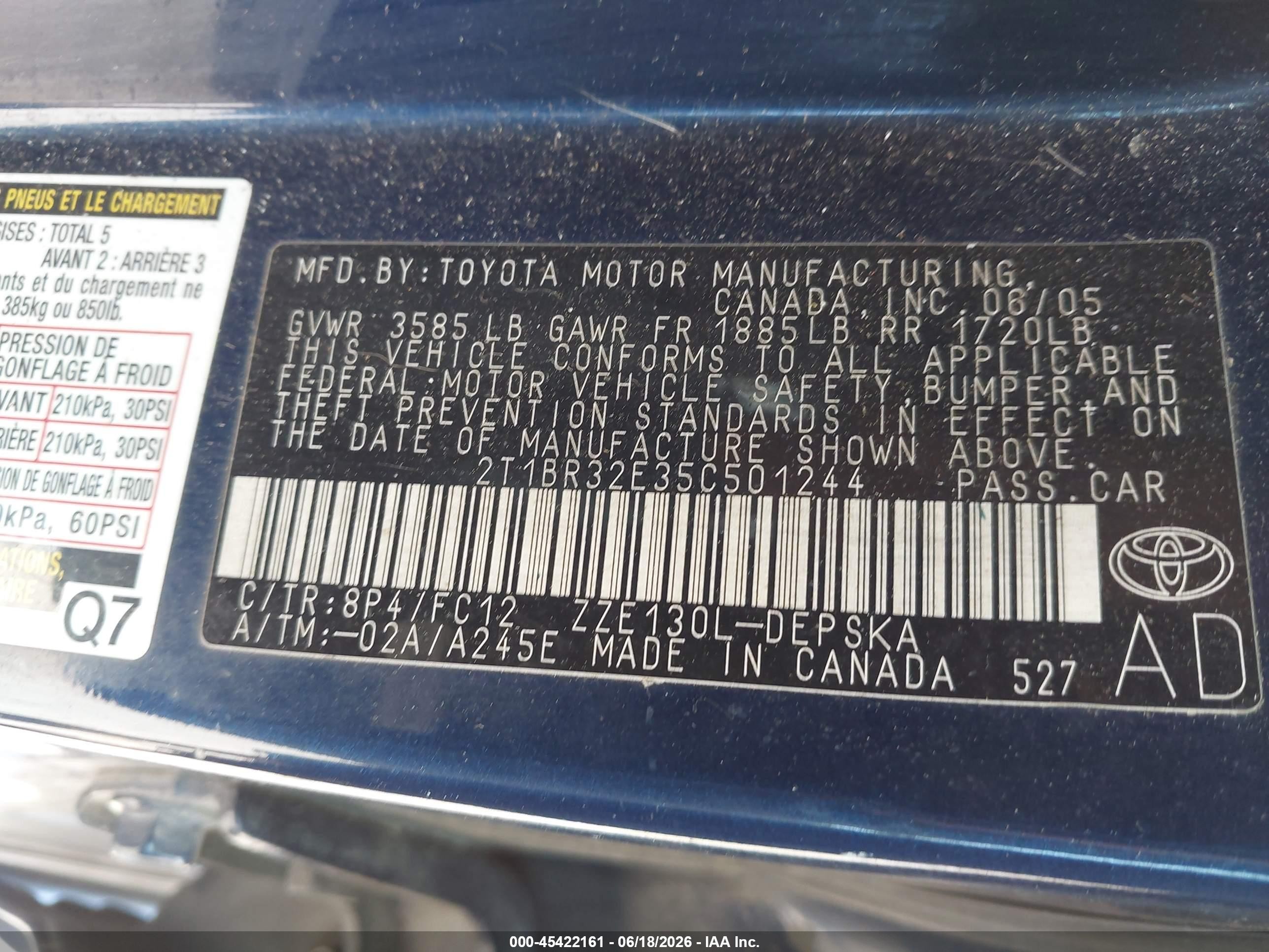 2005 Toyota Corolla S Blue vin: 2T1BR32E35C501244