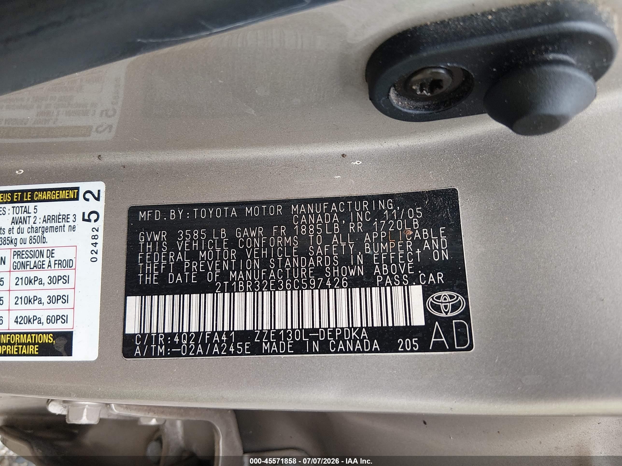 2006 Toyota Corolla Ce Gold vin: 2T1BR32E36C597426
