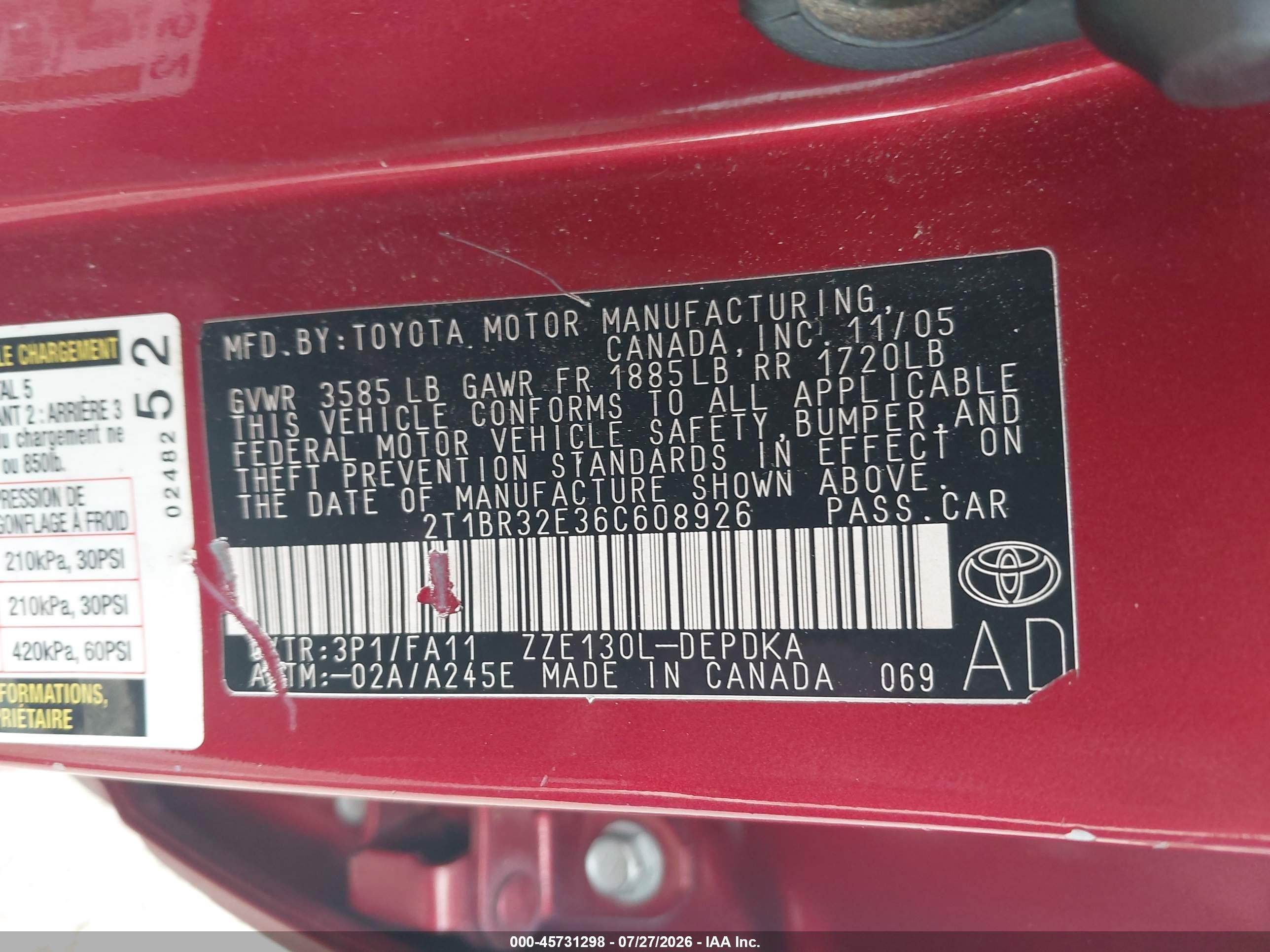 2006 Toyota Corolla Ce Red vin: 2T1BR32E36C608926